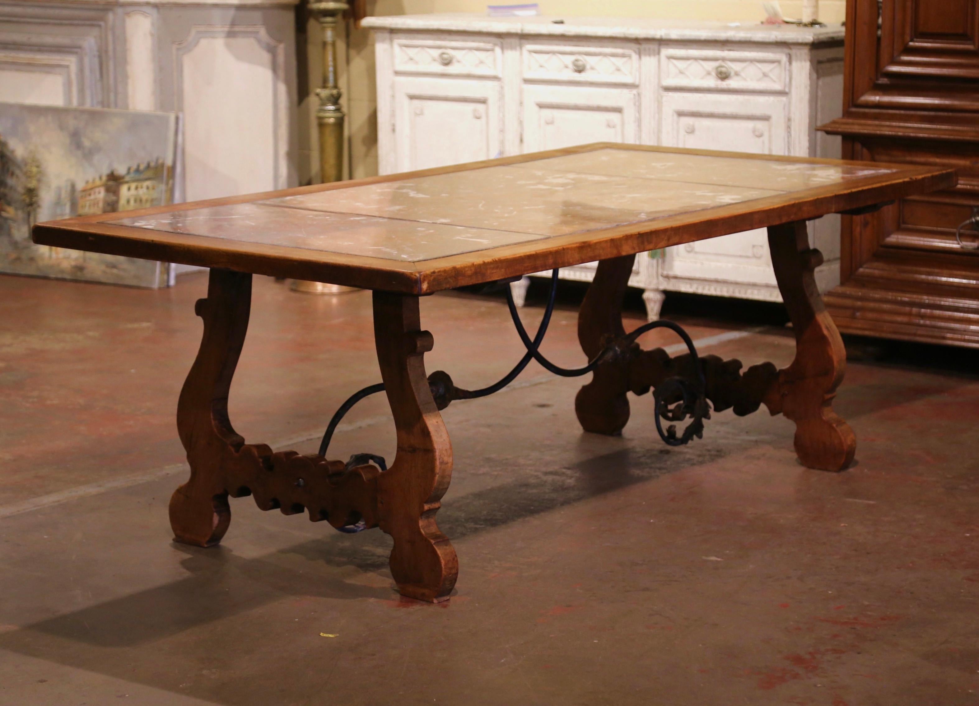 19th Century Spanish Baroque Marble Top Carved Walnut and Iron Dining Table  For Sale 4