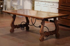 19th Century Spanish Baroque Marble Top Carved Walnut and Iron Dining Table