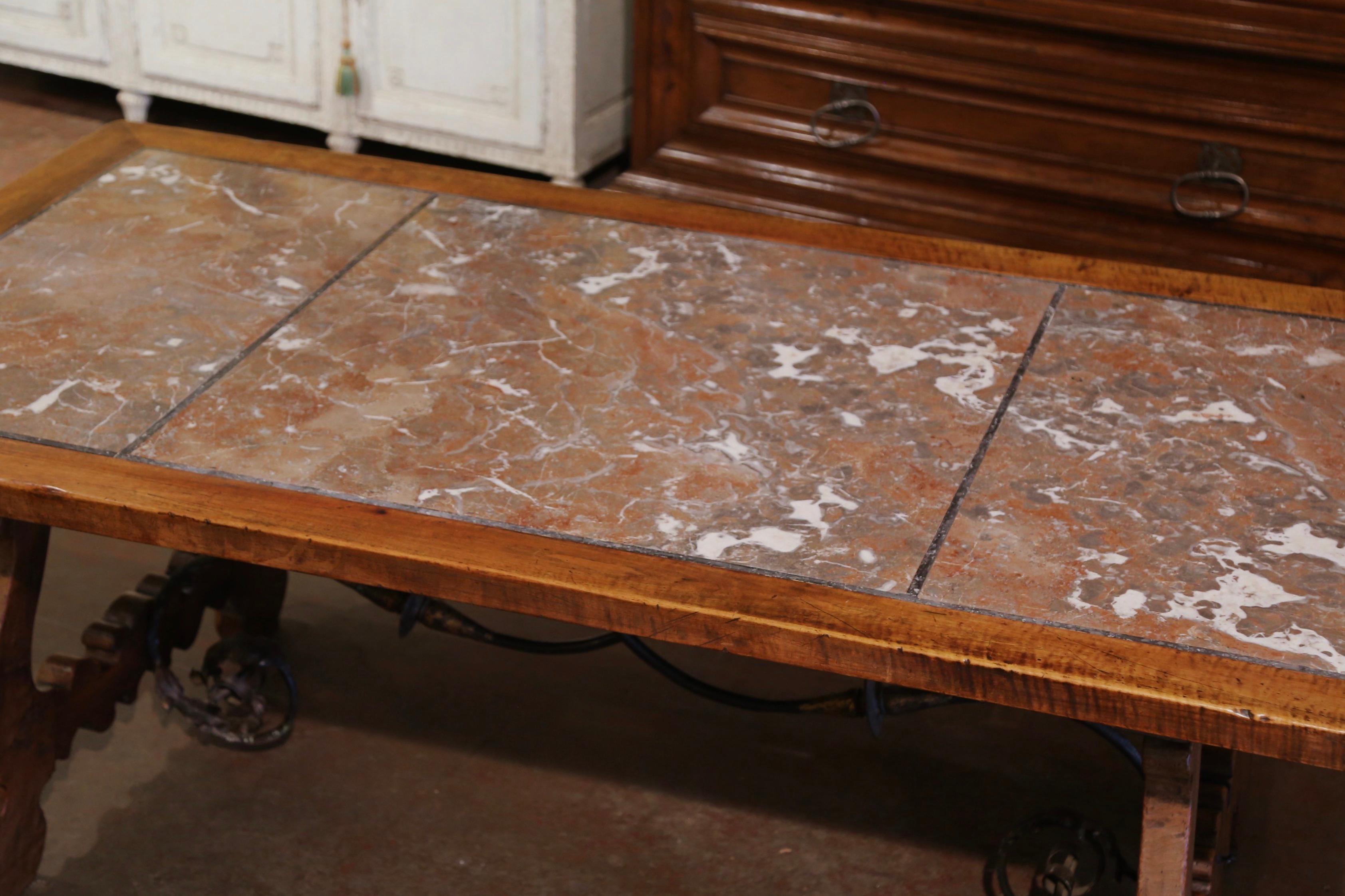 Louis XIII 19th Century Spanish Baroque Marble Top Carved Walnut and Iron Dining Table  For Sale
