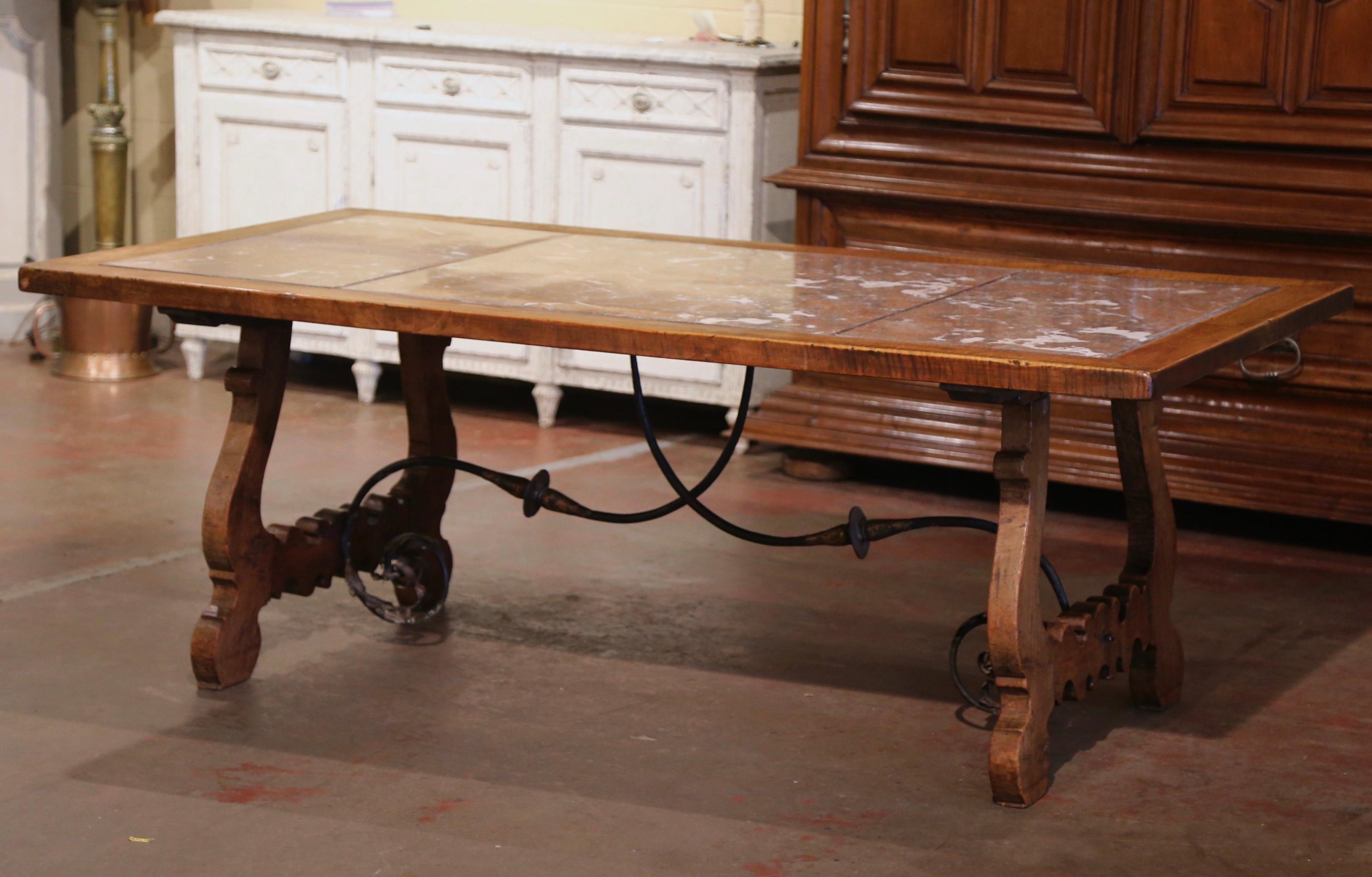 Patinated 19th Century Spanish Baroque Marble Top Carved Walnut and Iron Dining Table  For Sale