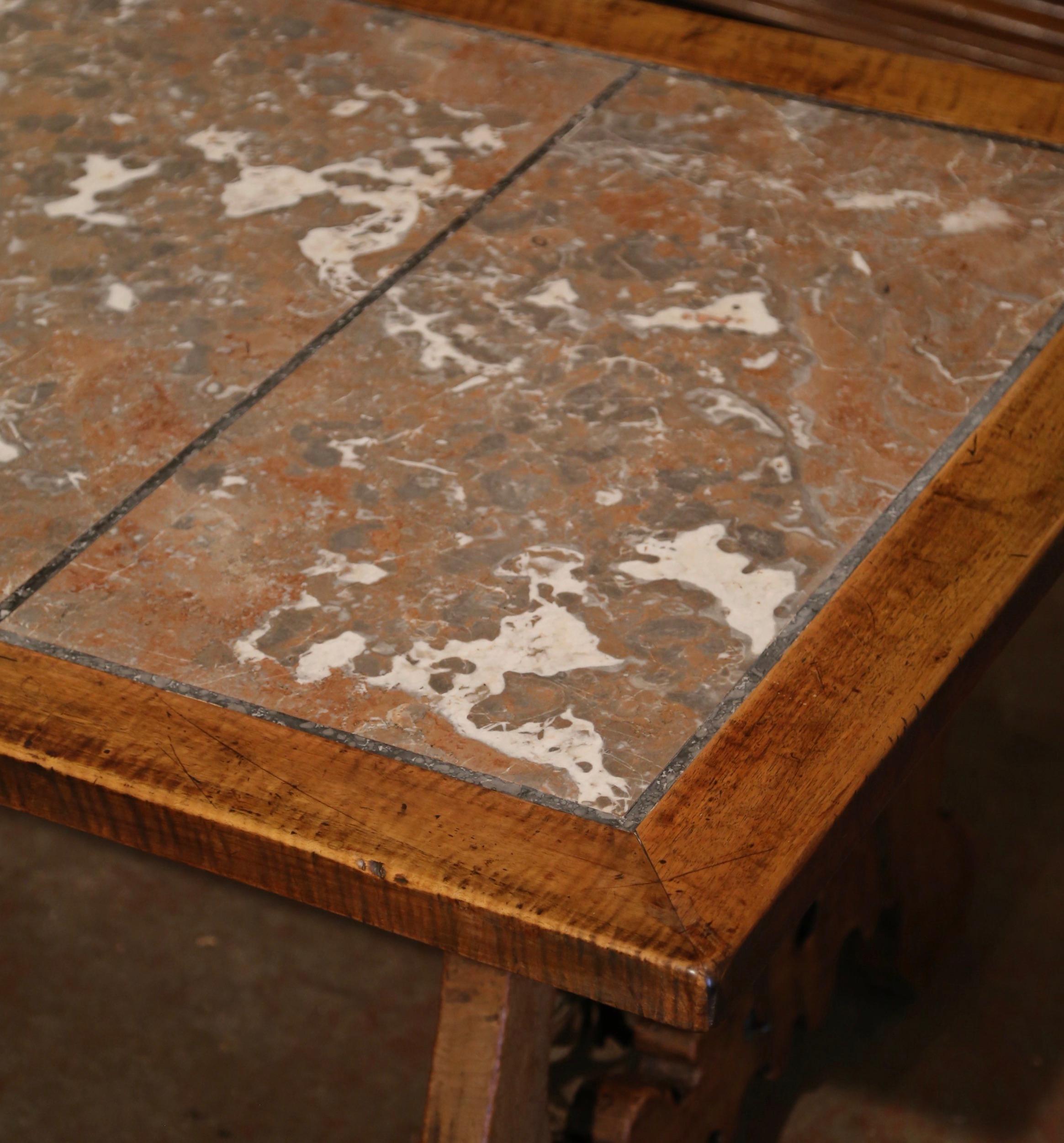 19th Century Spanish Baroque Marble Top Carved Walnut and Iron Dining Table  In Excellent Condition For Sale In Dallas, TX