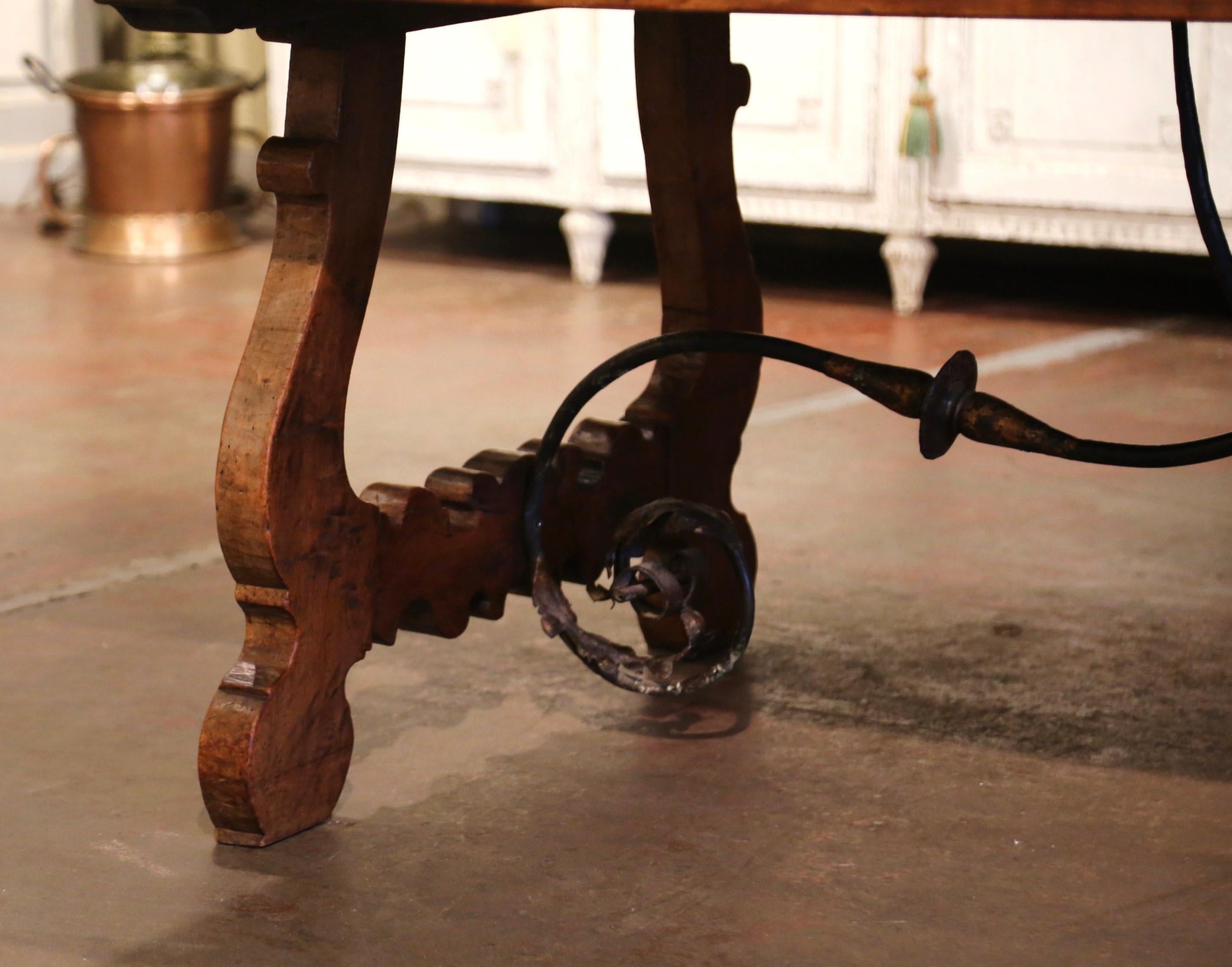 19th Century Spanish Baroque Marble Top Carved Walnut and Iron Dining Table  For Sale 1