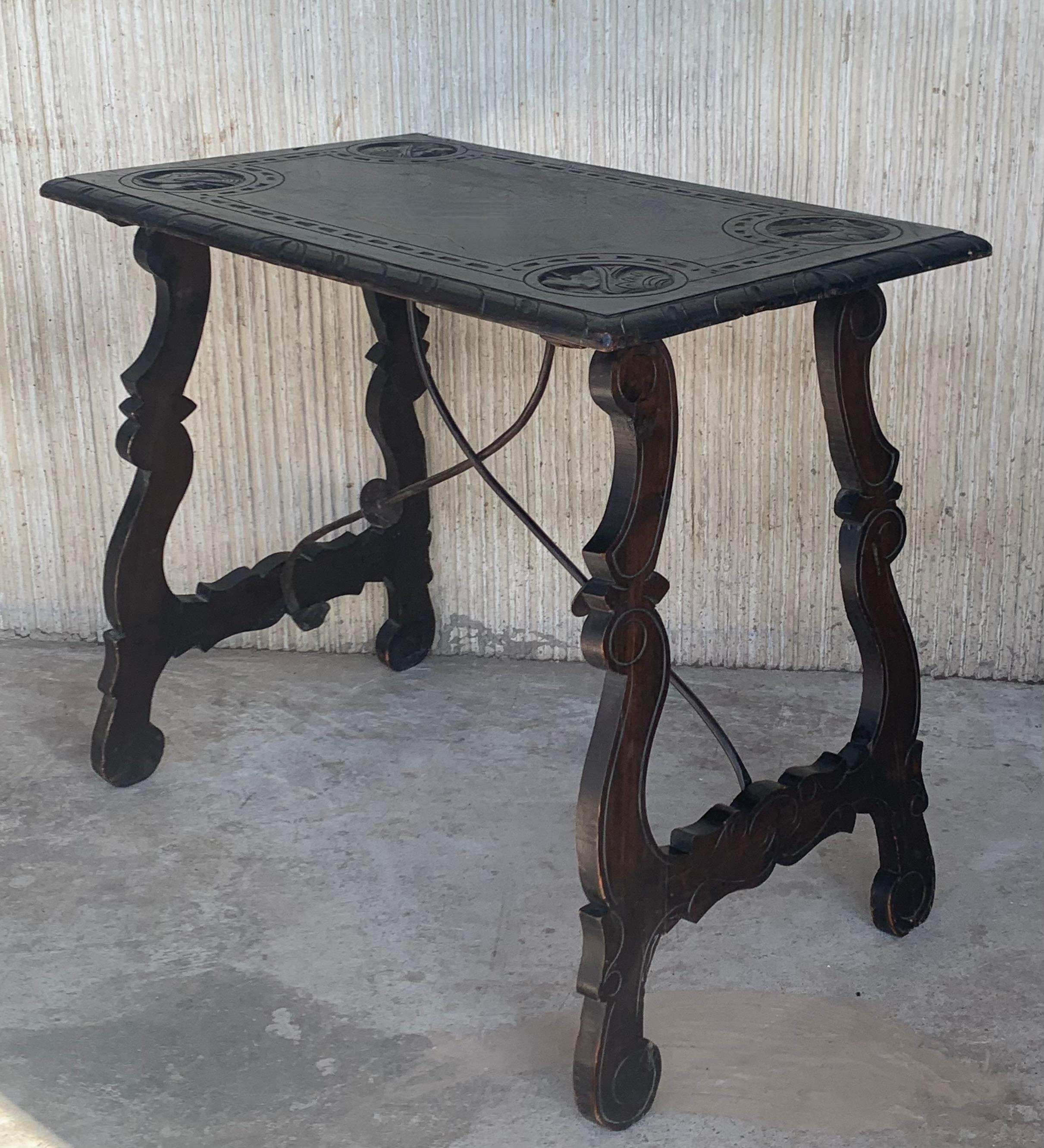 20th Century 19th Century Spanish Baroque Side Table with Carved Top & Legs & Iron Stretchers For Sale