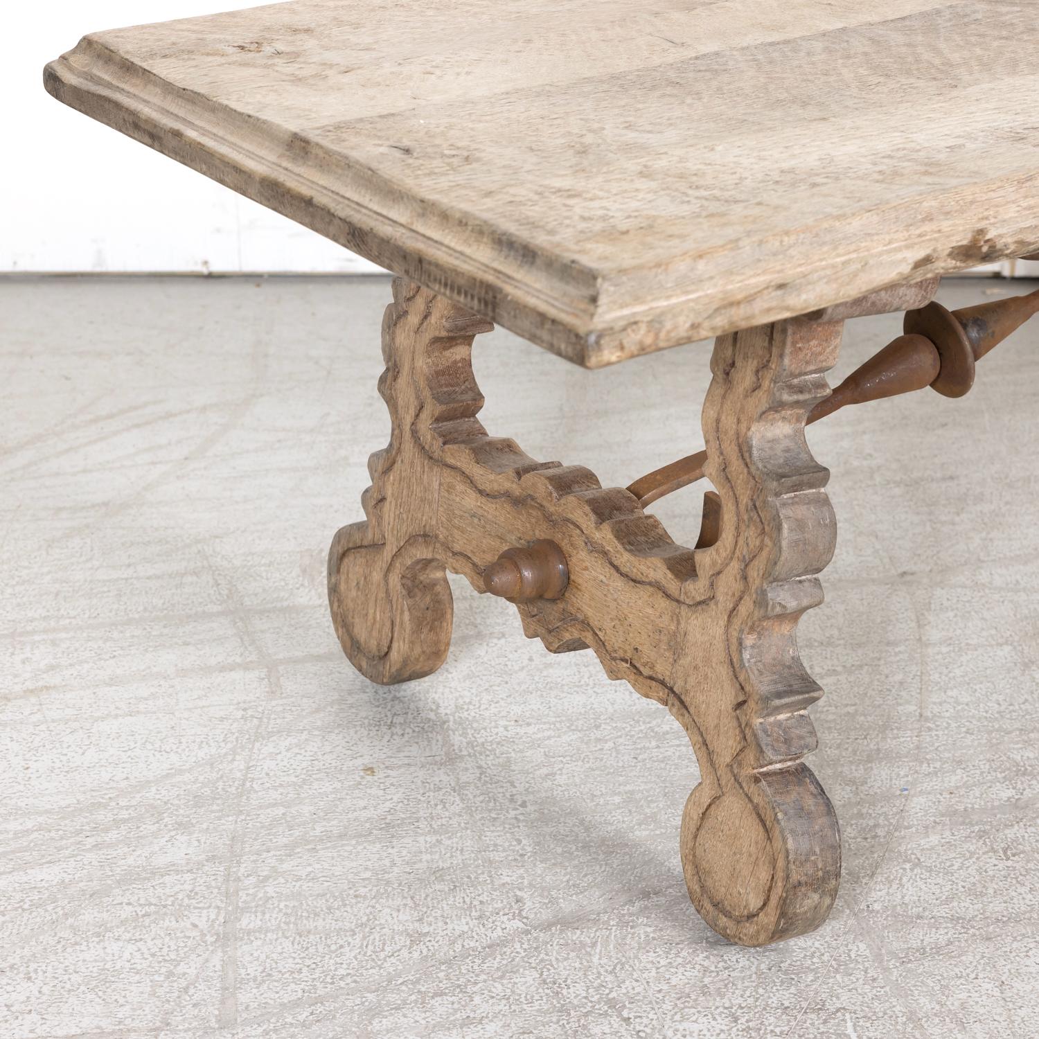 19th Century Spanish Baroque Style Bleached Oak Coffee Table with Iron Stretcher For Sale 7