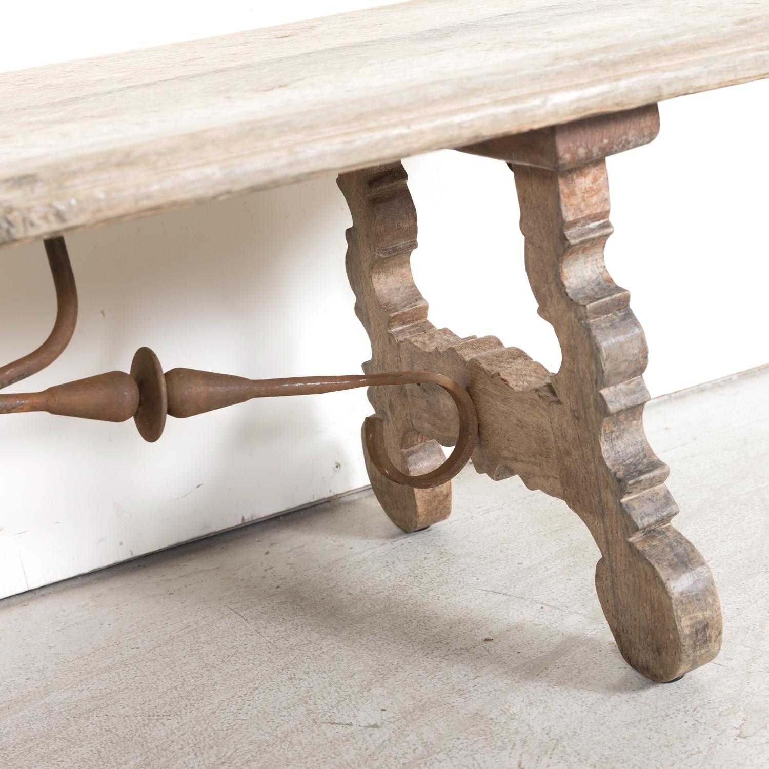 19th Century Spanish Baroque Style Bleached Oak Coffee Table with Iron Stretcher For Sale 8