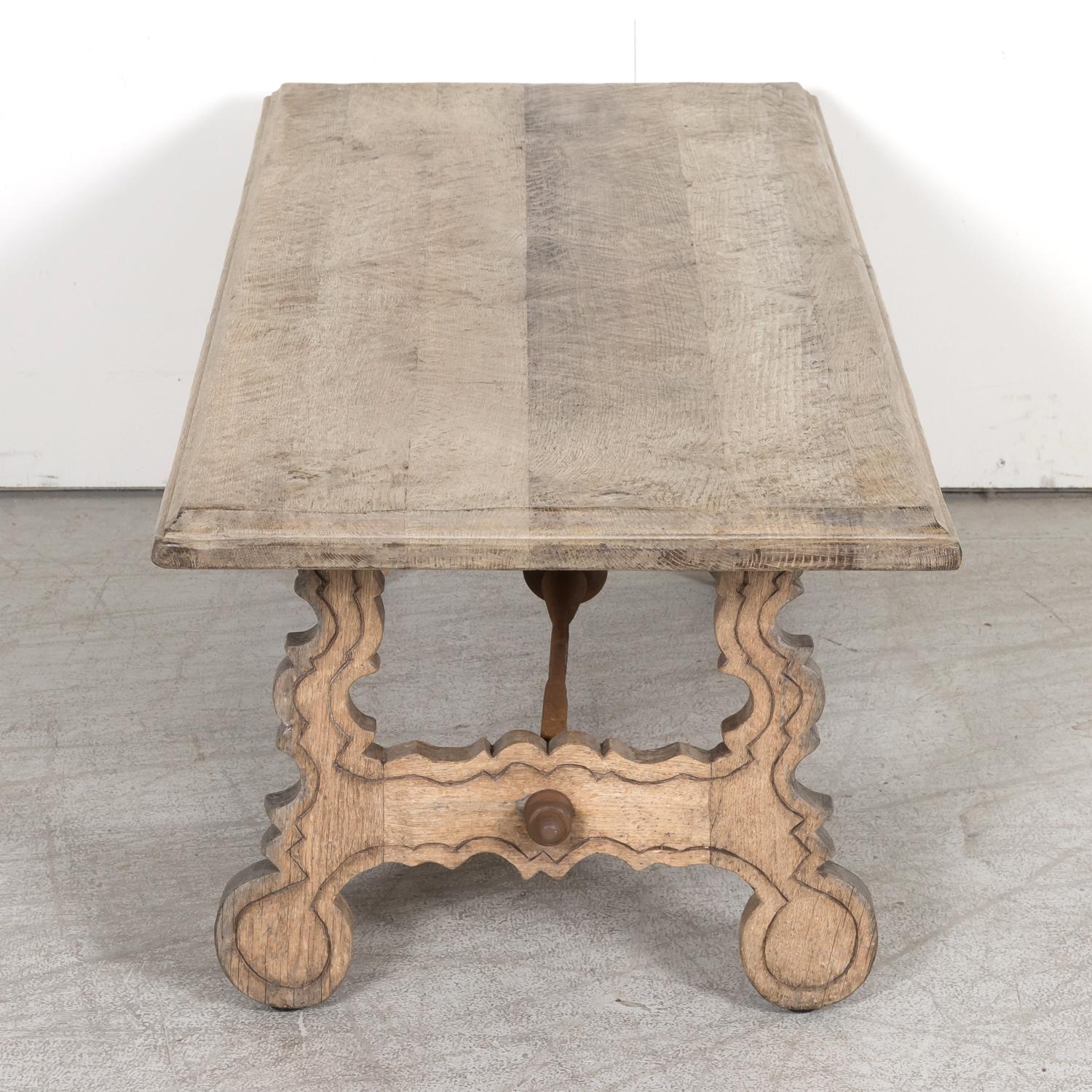 19th Century Spanish Baroque Style Bleached Oak Coffee Table with Iron Stretcher For Sale 10