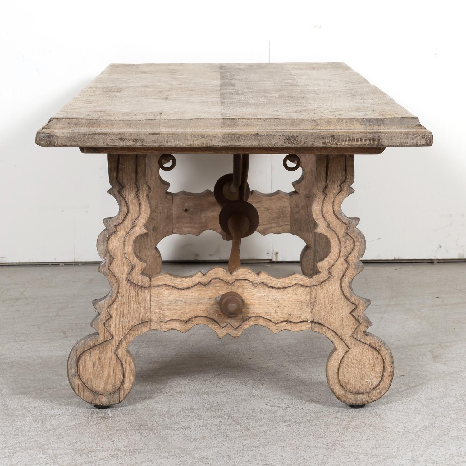 19th Century Spanish Baroque Style Bleached Oak Coffee Table with Iron Stretcher For Sale 11