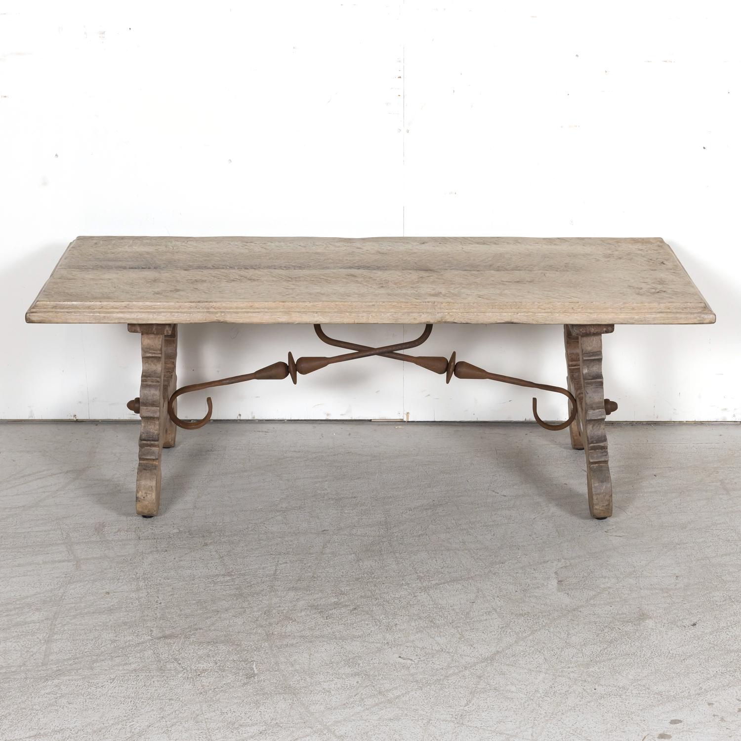 19th Century Spanish Baroque Style Bleached Oak Coffee Table with Iron Stretcher For Sale 12