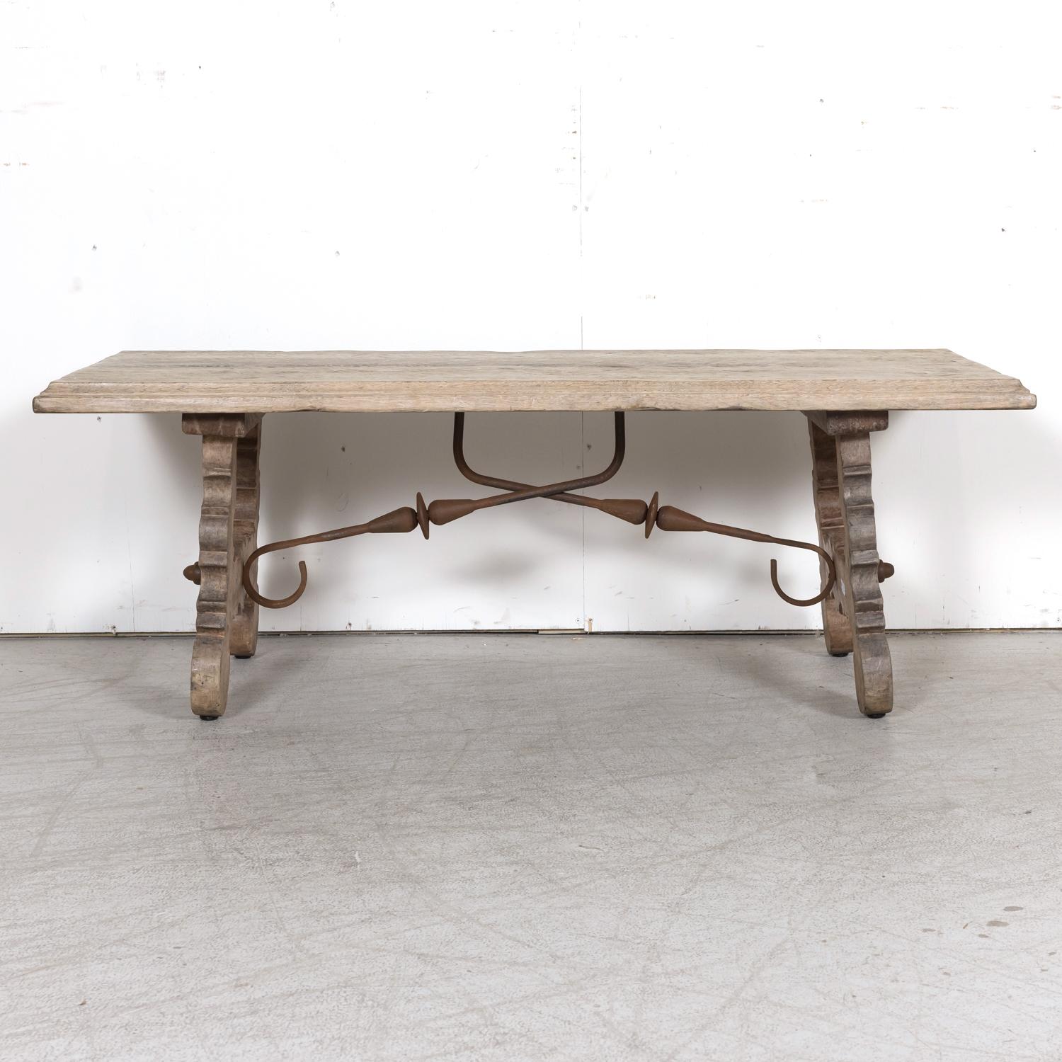 19th Century Spanish Baroque Style Bleached Oak Coffee Table with Iron Stretcher For Sale 13