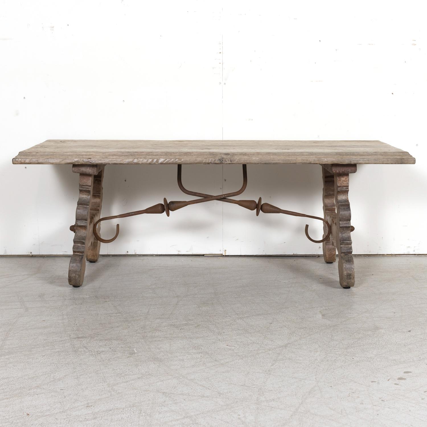 19th Century Spanish Baroque Style Bleached Oak Coffee Table with Iron Stretcher In Good Condition For Sale In Birmingham, AL
