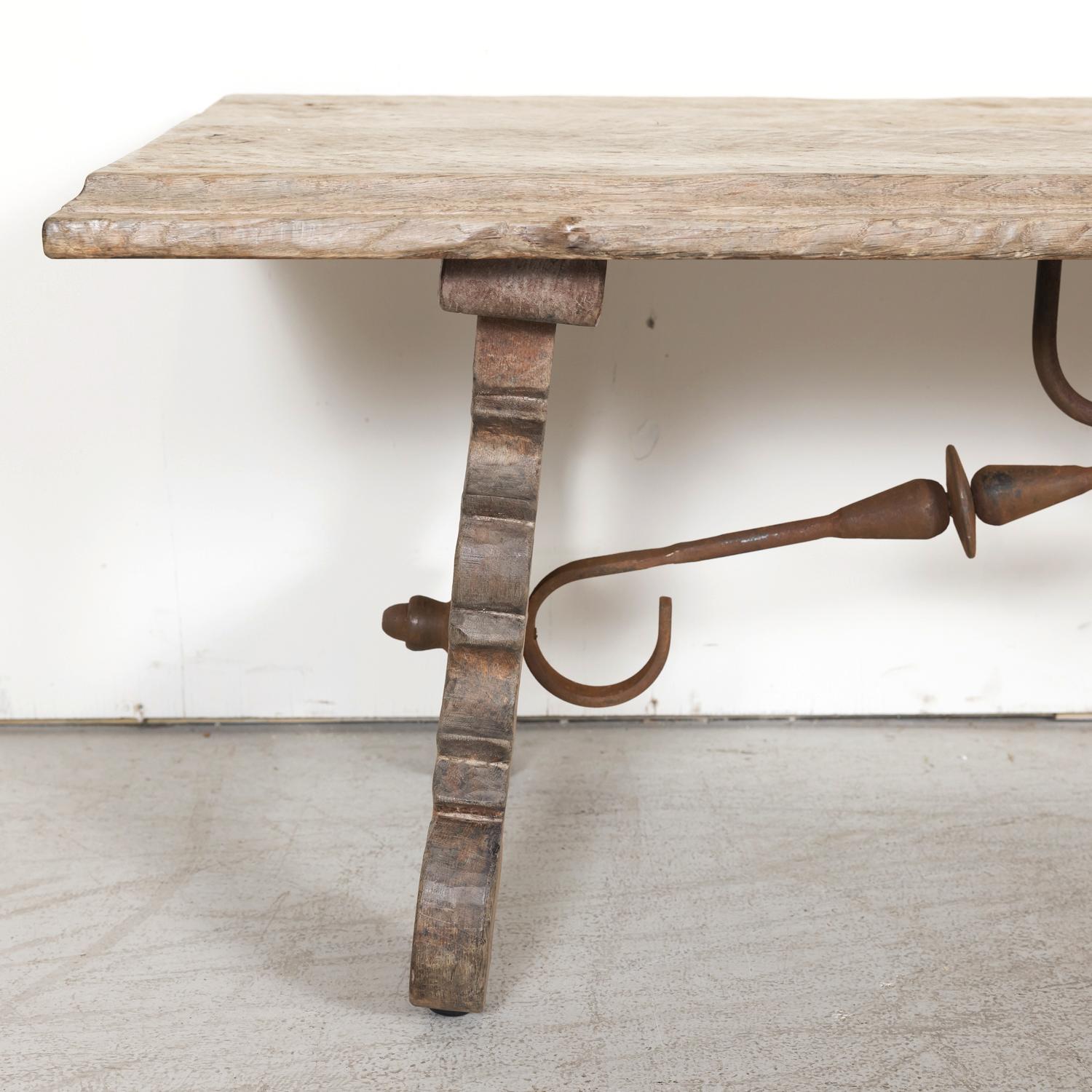19th Century Spanish Baroque Style Bleached Oak Coffee Table with Iron Stretcher For Sale 4