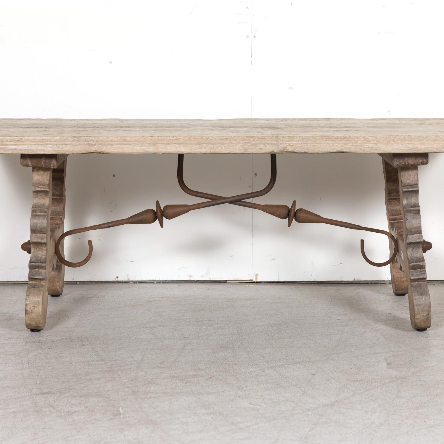 19th Century Spanish Baroque Style Bleached Oak Coffee Table with Iron Stretcher For Sale 5