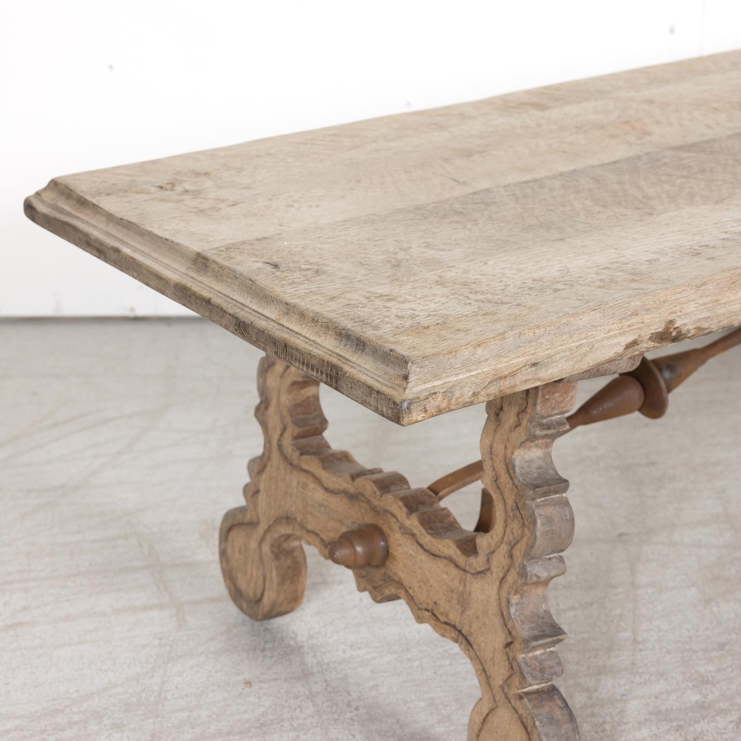 19th Century Spanish Baroque Style Bleached Oak Coffee Table with Iron Stretcher 6