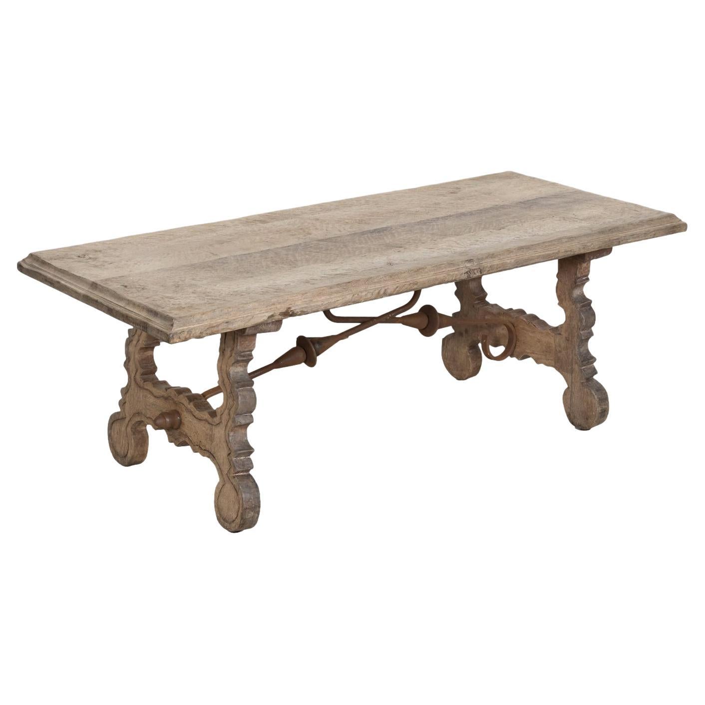 19th Century Spanish Baroque Style Bleached Oak Coffee Table with Iron Stretcher For Sale