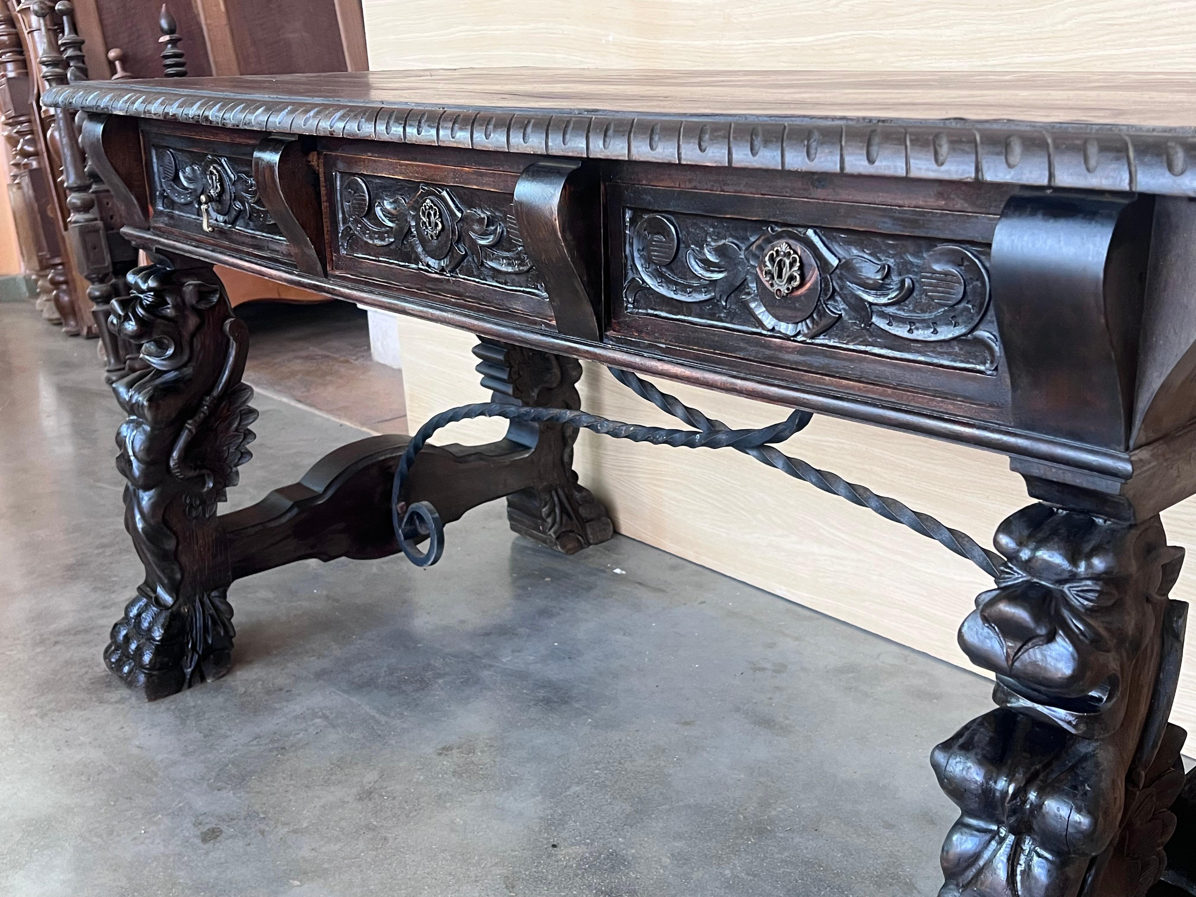 19th Century Spanish Baroque Style Oak Library Table or Desk 6