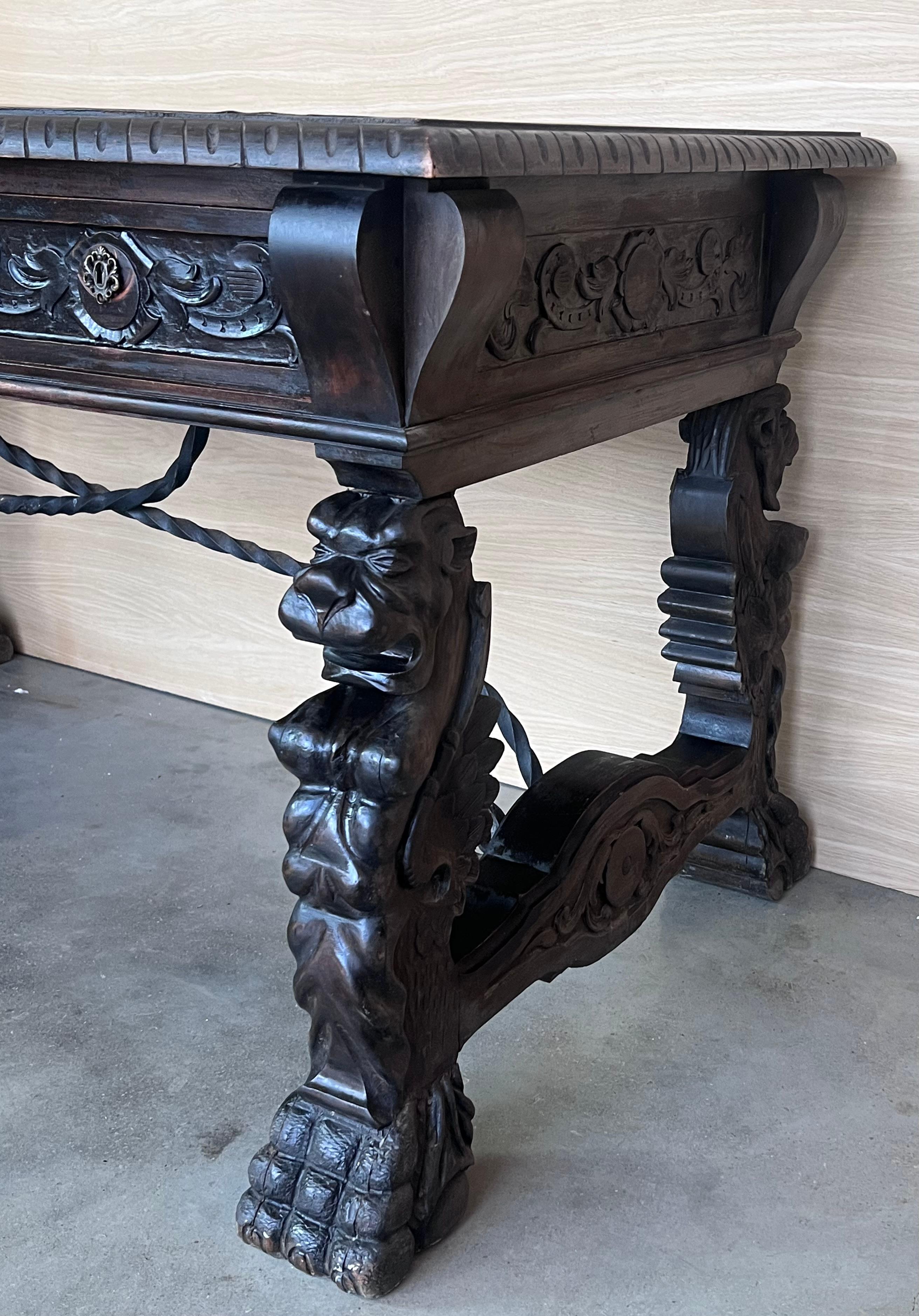 19th Century Spanish Baroque Style Oak Library Table or Desk 7