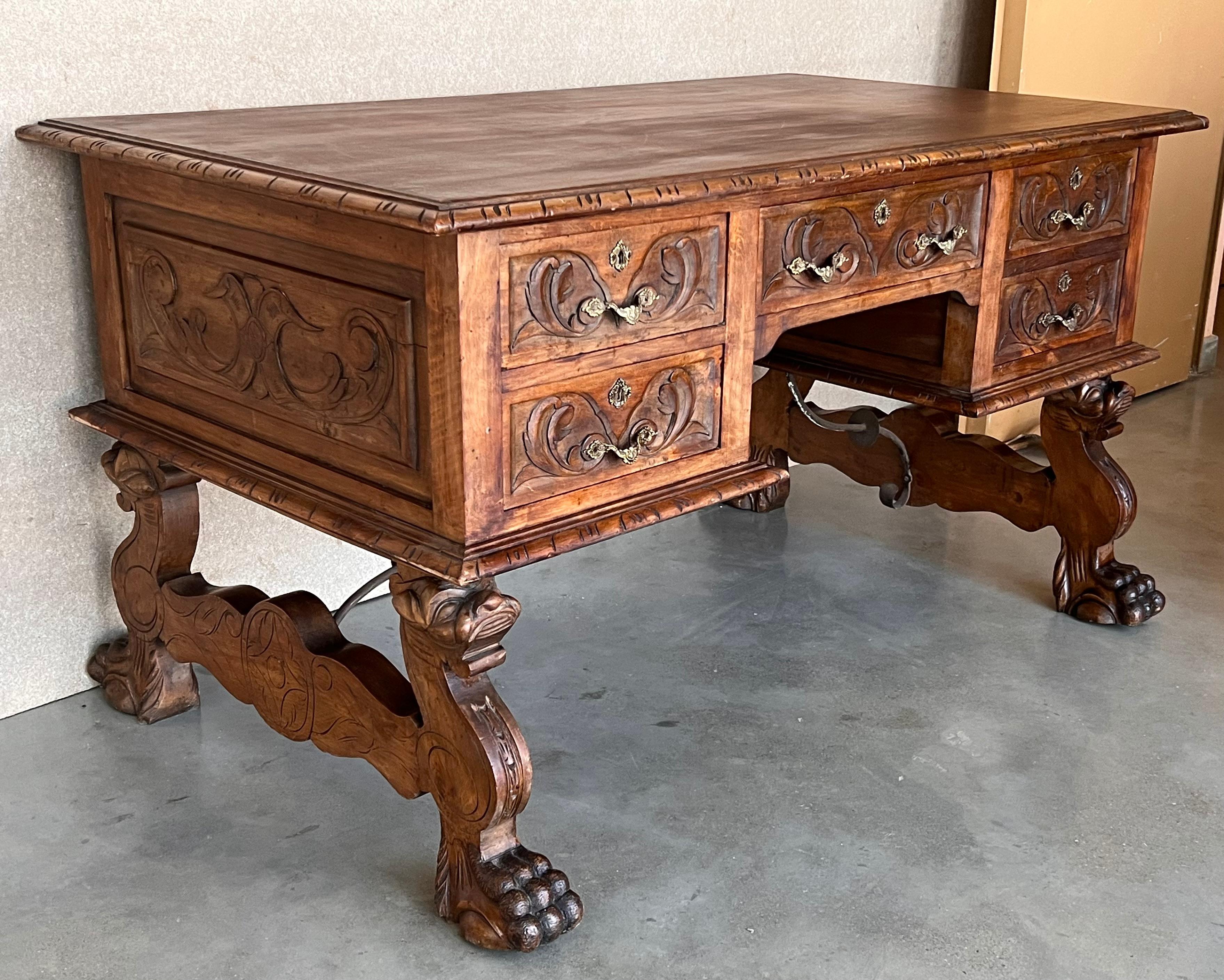 Renaissance 19th Century Spanish Baroque Style Oak Library Table or Desk