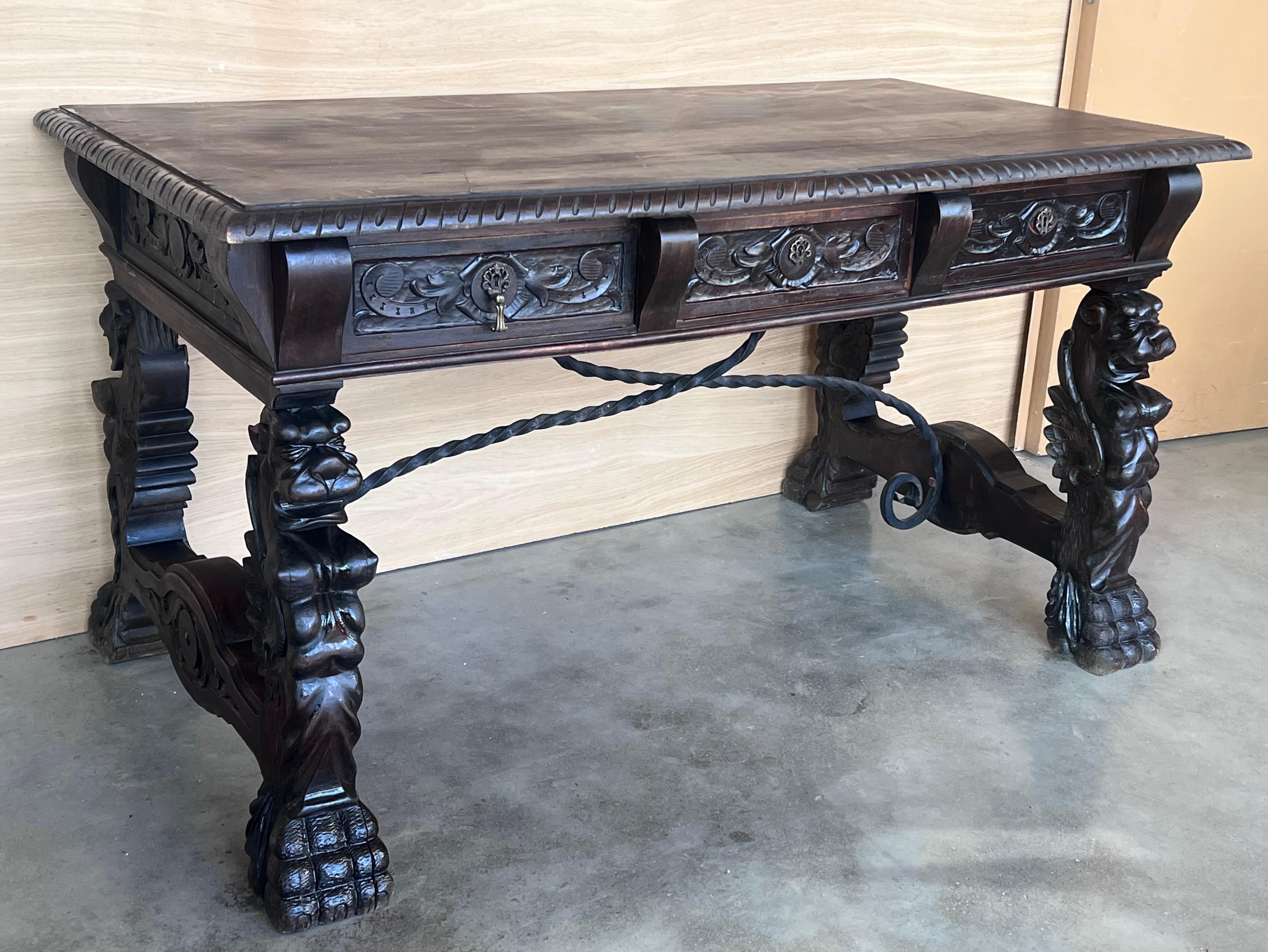 19th Century Spanish Baroque Style Oak Library Table or Desk 1
