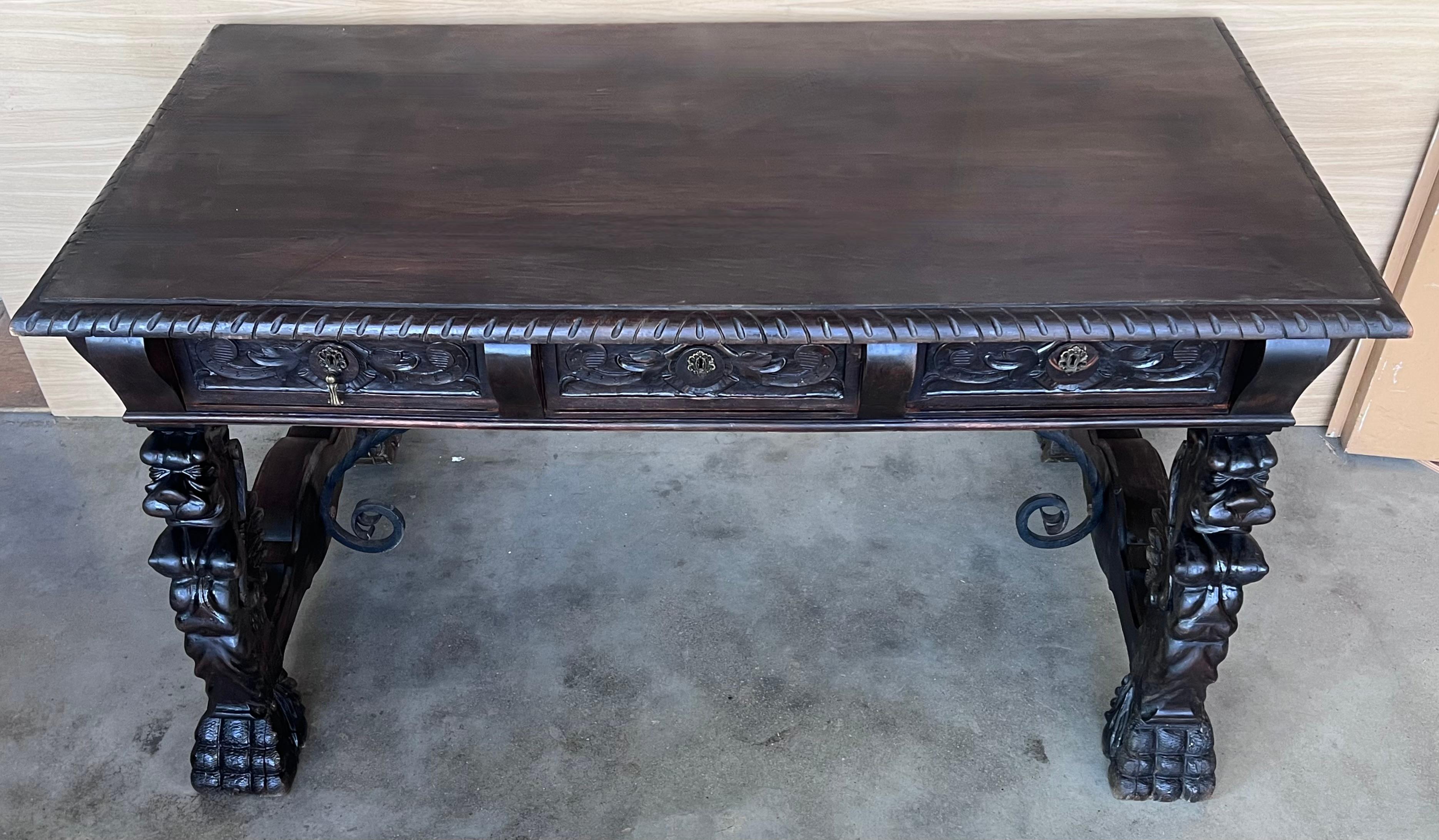 19th Century Spanish Baroque Style Oak Library Table or Desk 3