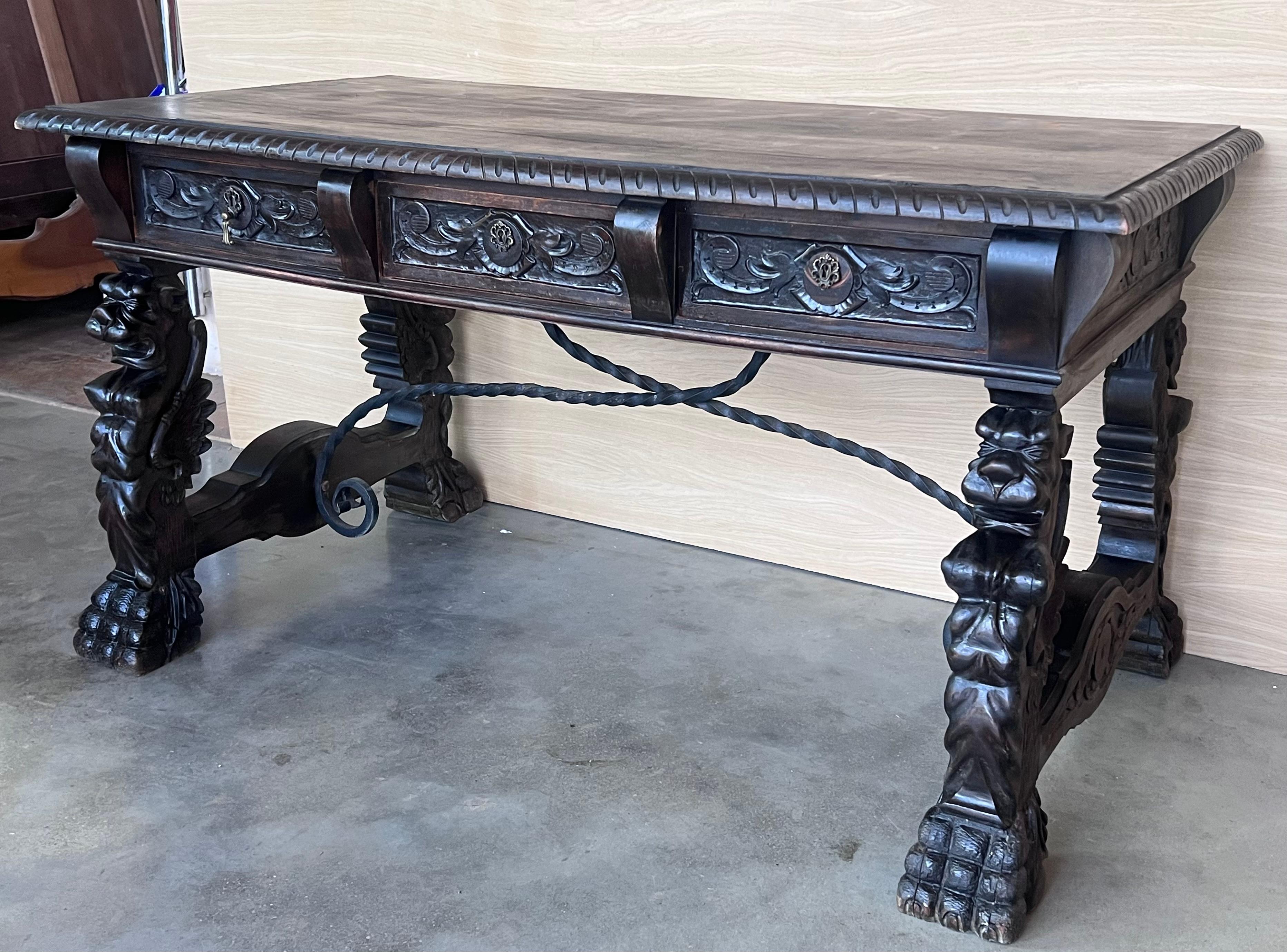 19th Century Spanish Baroque Style Oak Library Table or Desk 4
