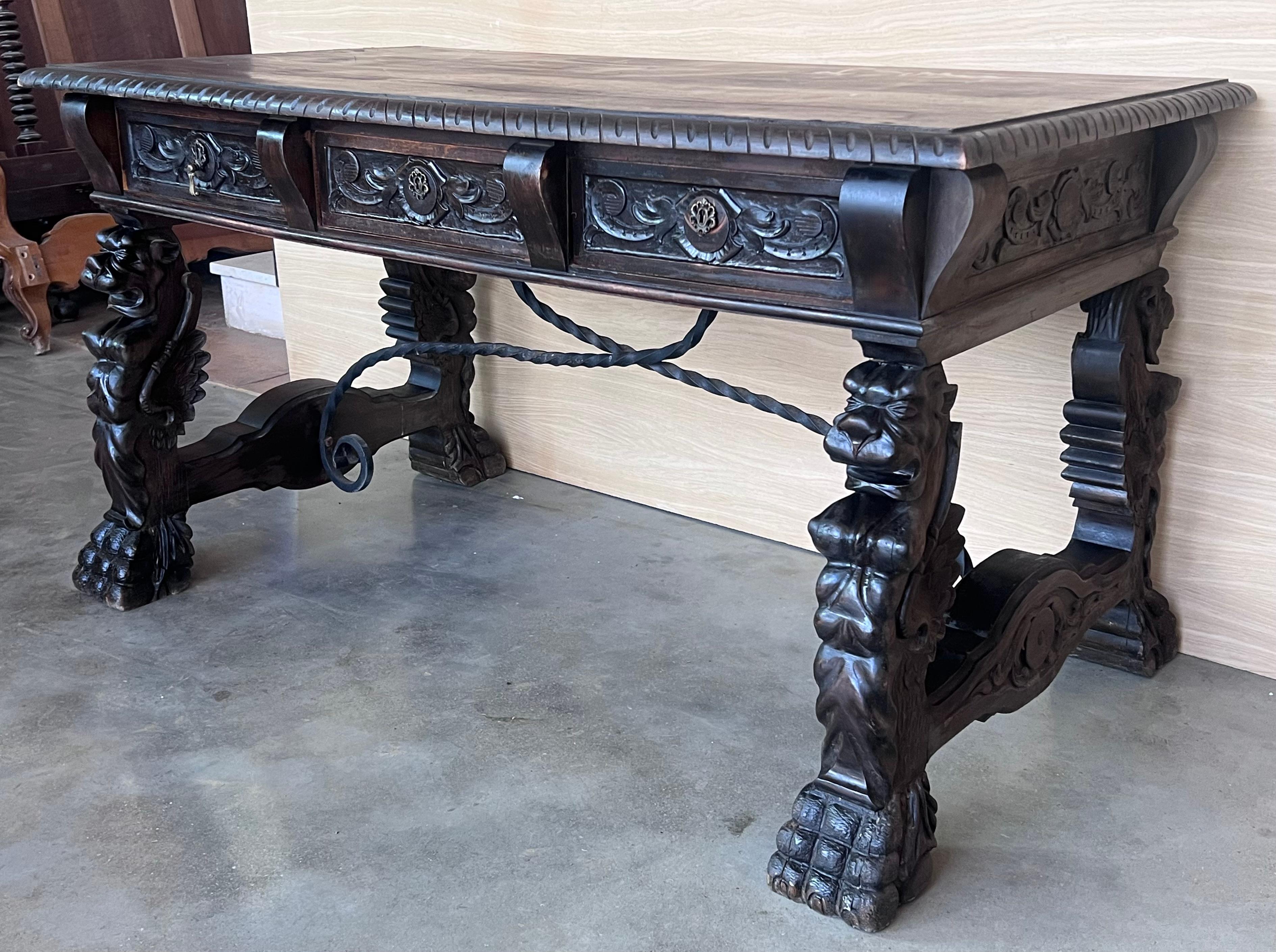 19th Century Spanish Baroque Style Oak Library Table or Desk 5
