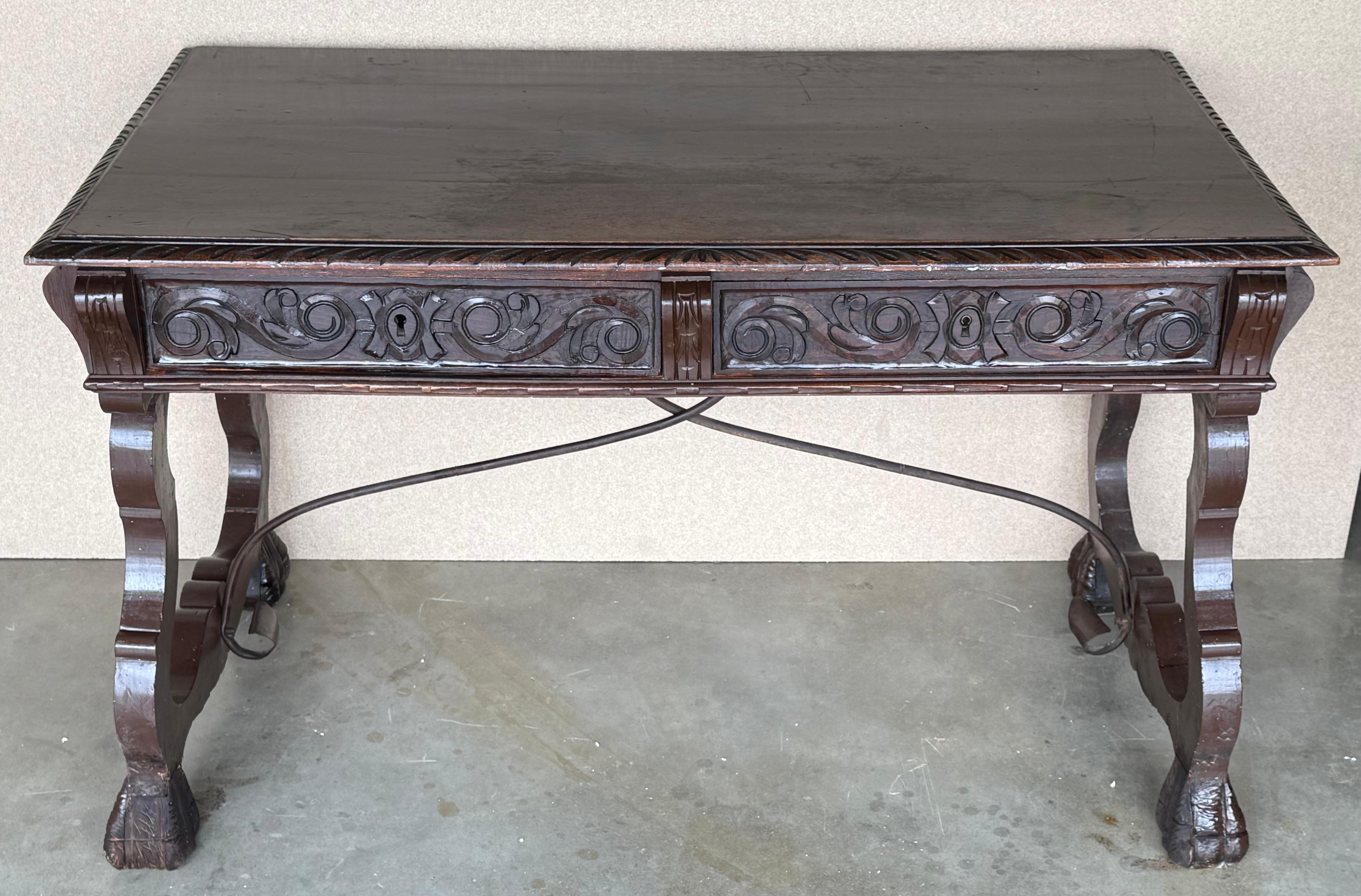 19th Century Spanish Baroque Style Oak Library Table or Desk, Two Faces Bon état - En vente à Miami, FL