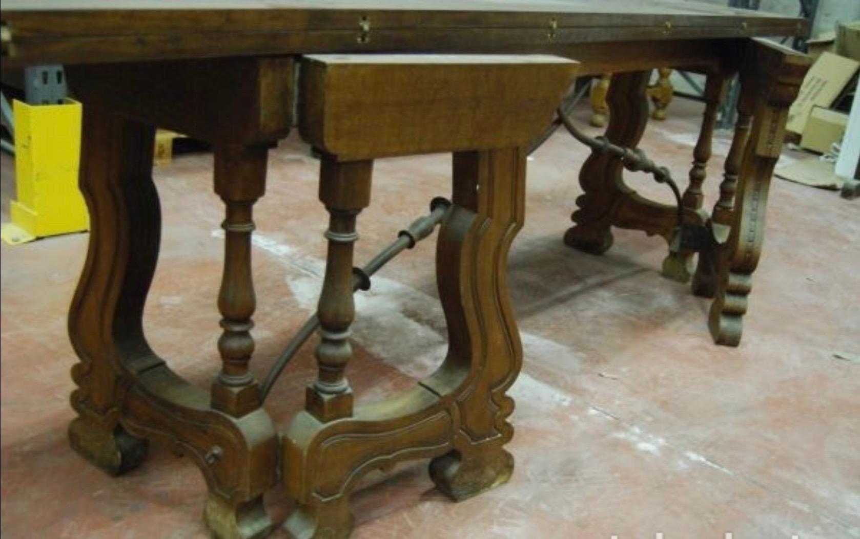 19th Century Spanish Baroque Style Walnut Folding Trestle Dining Farm Table In Good Condition In Miami, FL