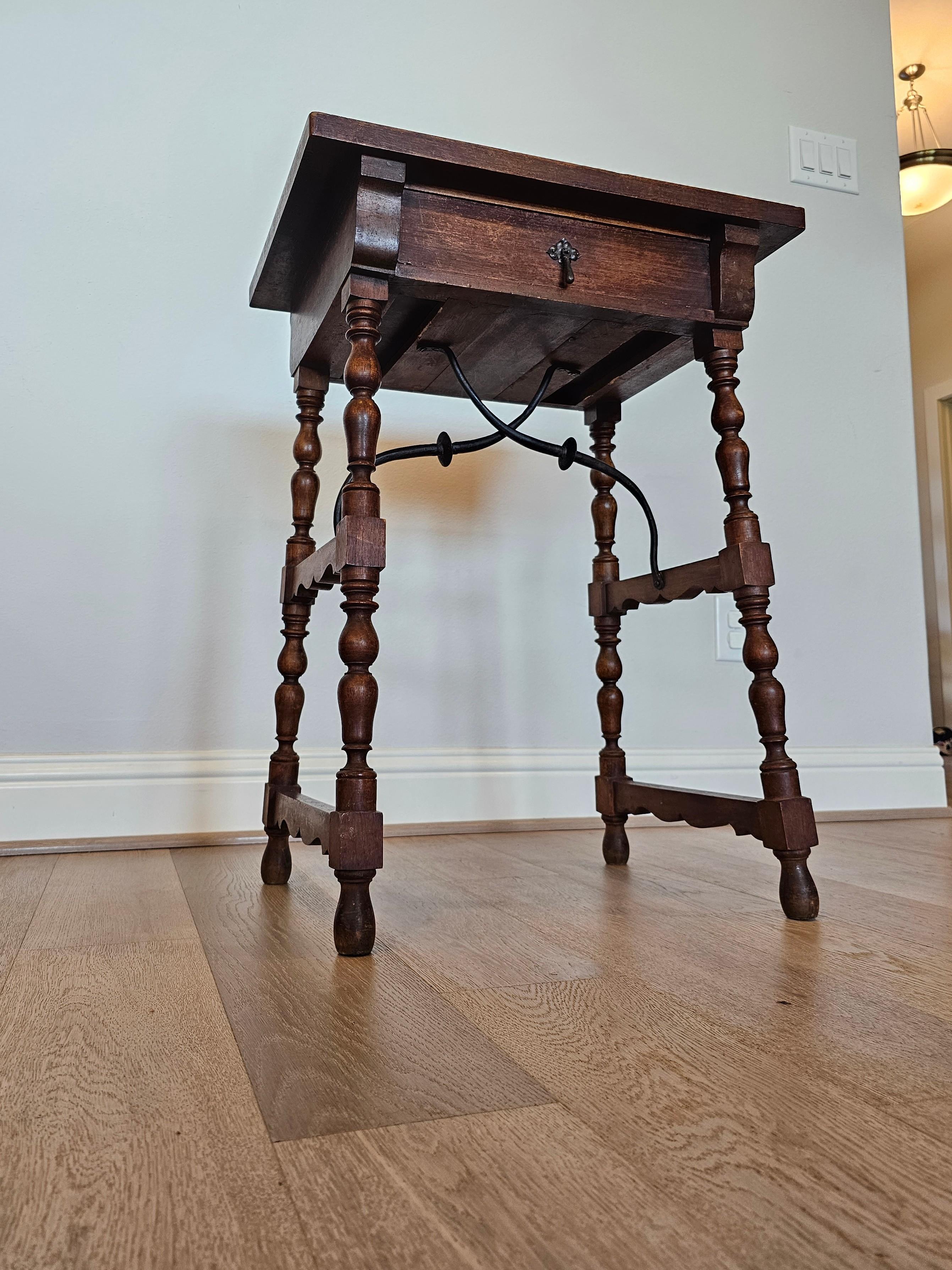 Forged 19th Century Spanish Baroque Style Walnut & Iron Side Table 
