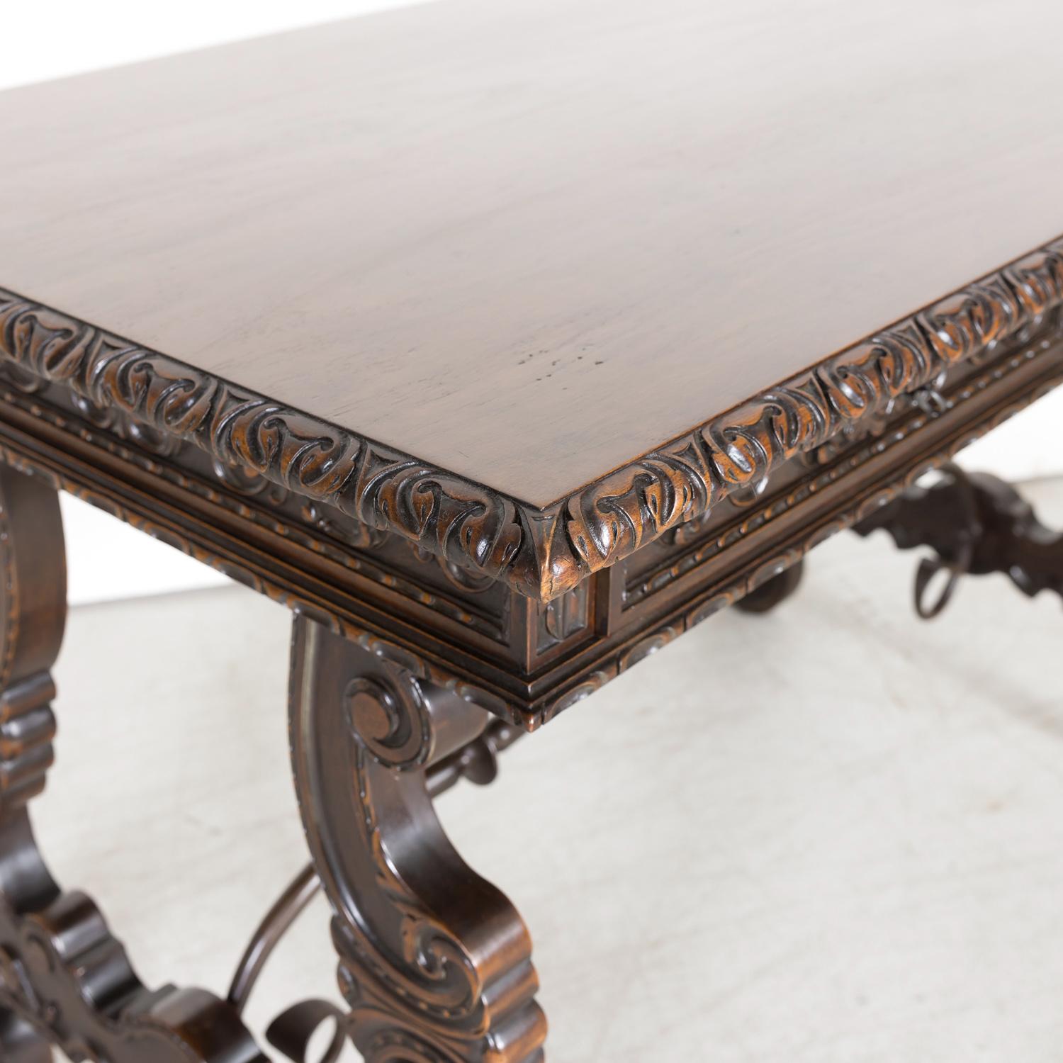 19th Century Spanish Baroque Style Walnut Lyre Leg Writing Table or Side Table For Sale 4