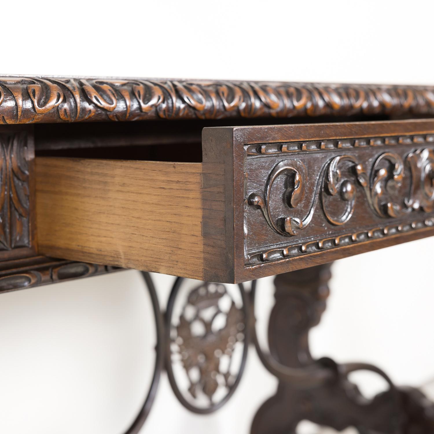 19th Century Spanish Baroque Style Walnut Lyre Leg Writing Table or Side Table For Sale 5