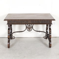 19th Century Spanish Baroque Style Walnut Lyre Leg Writing Table or Side Table