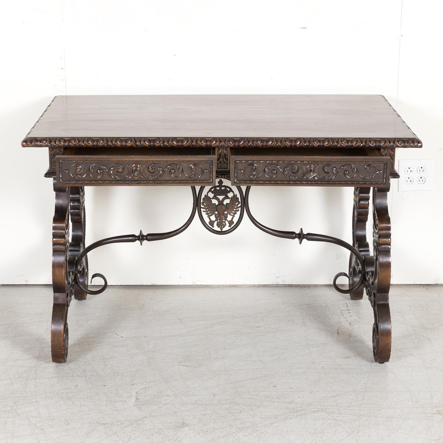 Late 19th Century 19th Century Spanish Baroque Style Walnut Lyre Leg Writing Table or Side Table For Sale