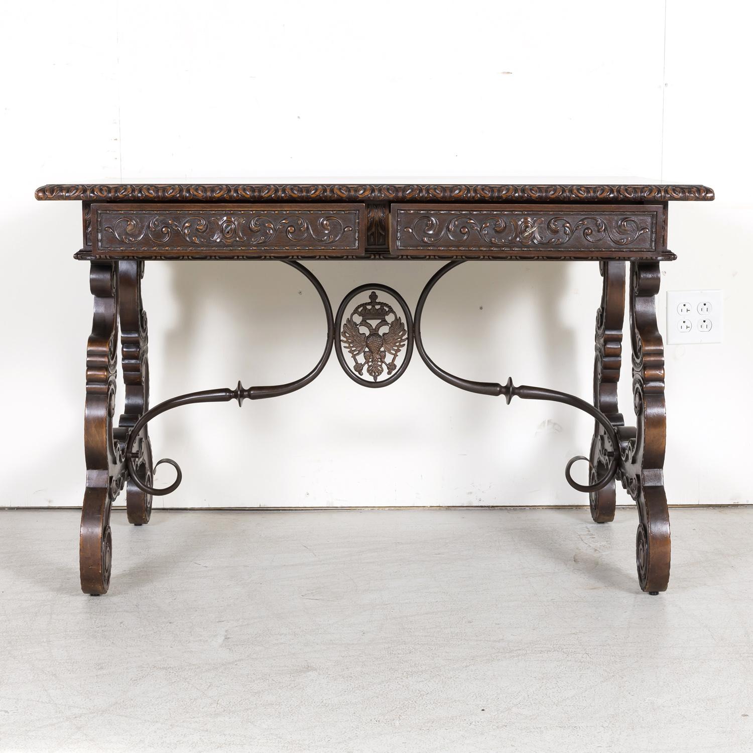 Wrought Iron 19th Century Spanish Baroque Style Walnut Lyre Leg Writing Table or Side Table For Sale