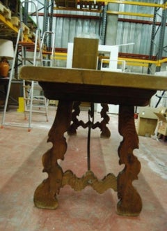 19th Century Spanish Baroque Style Walnut Lyre legs Trestle Dining Farm Table
