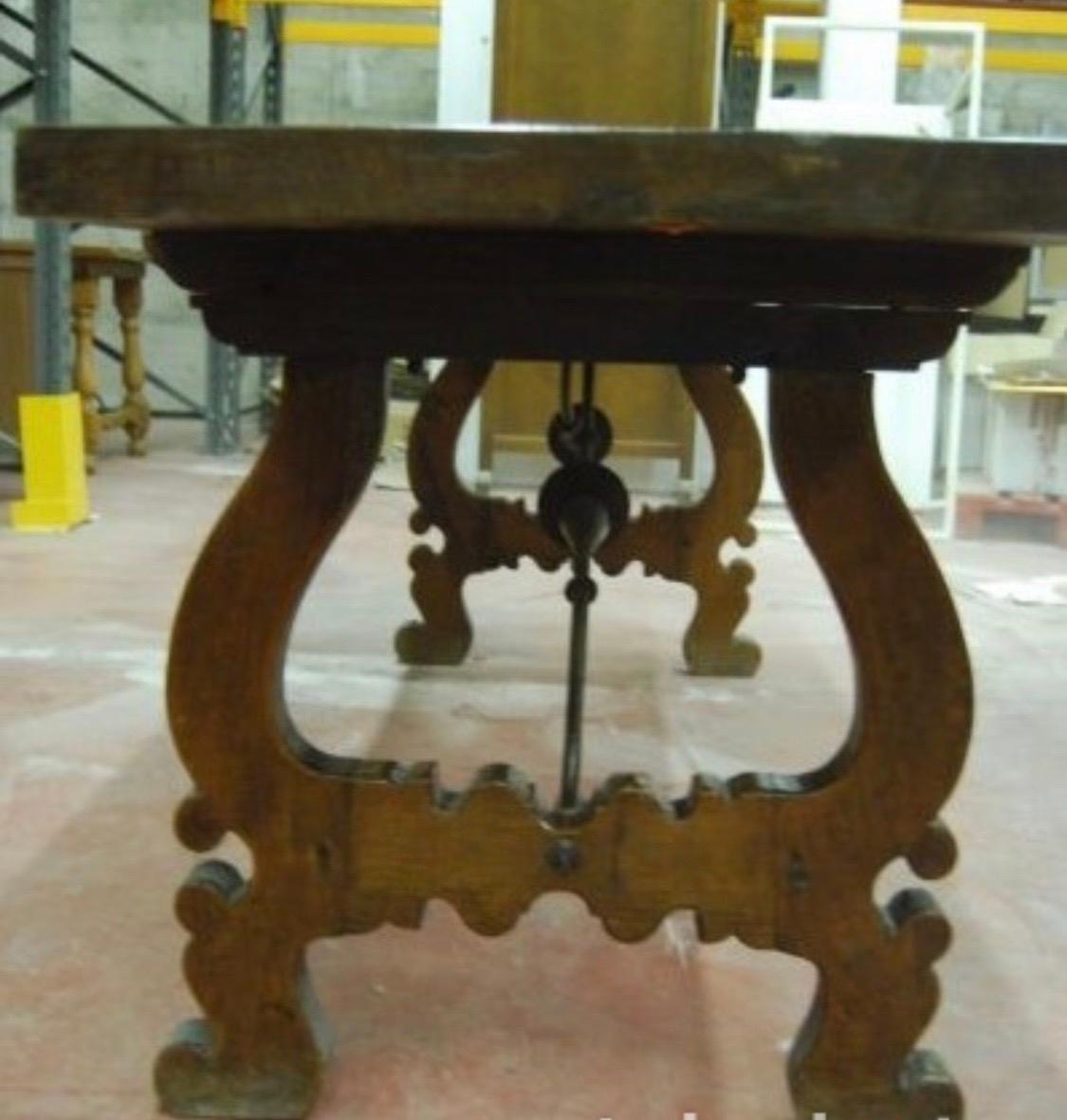 Iron 19th Century Spanish Baroque Style Walnut Lyre legs Trestle Dining Farm Table For Sale