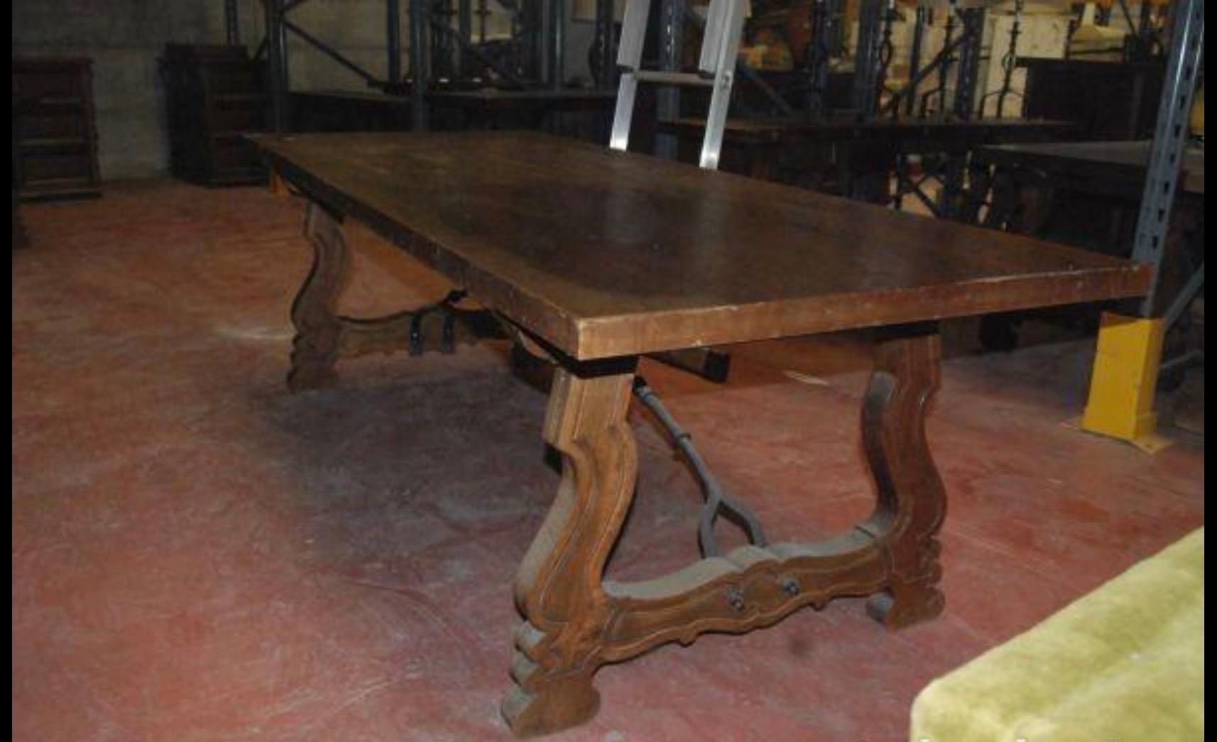 Iron 19th Century Spanish Baroque Style Walnut Lyre Legs Trestle Dining Farm Table