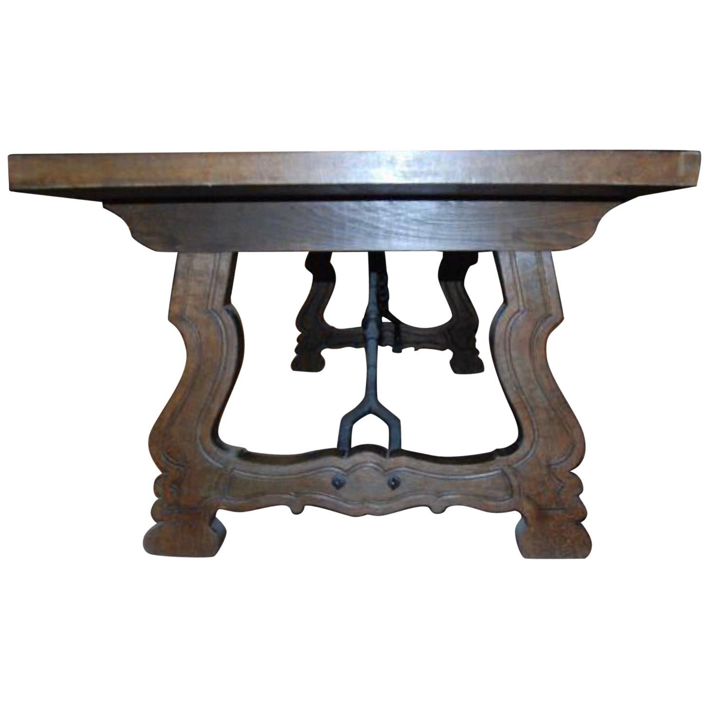 19th Century Spanish Baroque Style Walnut Lyre Legs Trestle Dining Farm Table
