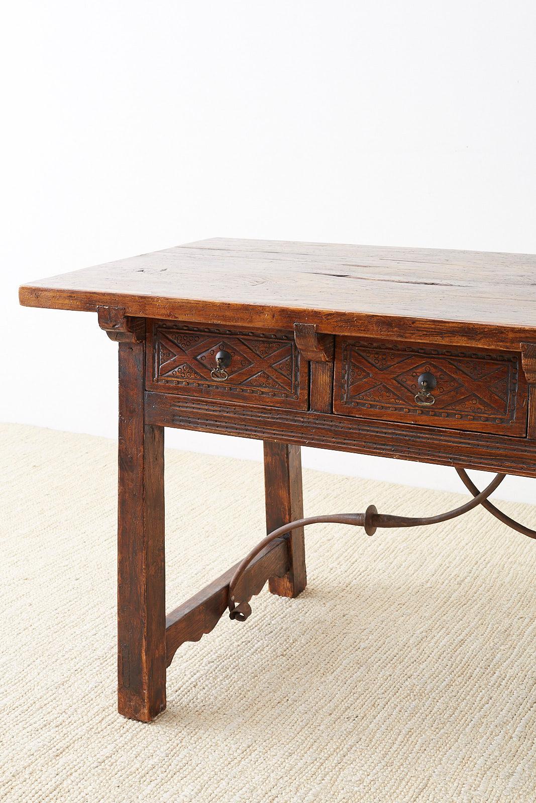 Iron 19th Century Spanish Baroque Walnut Trestle Library Table