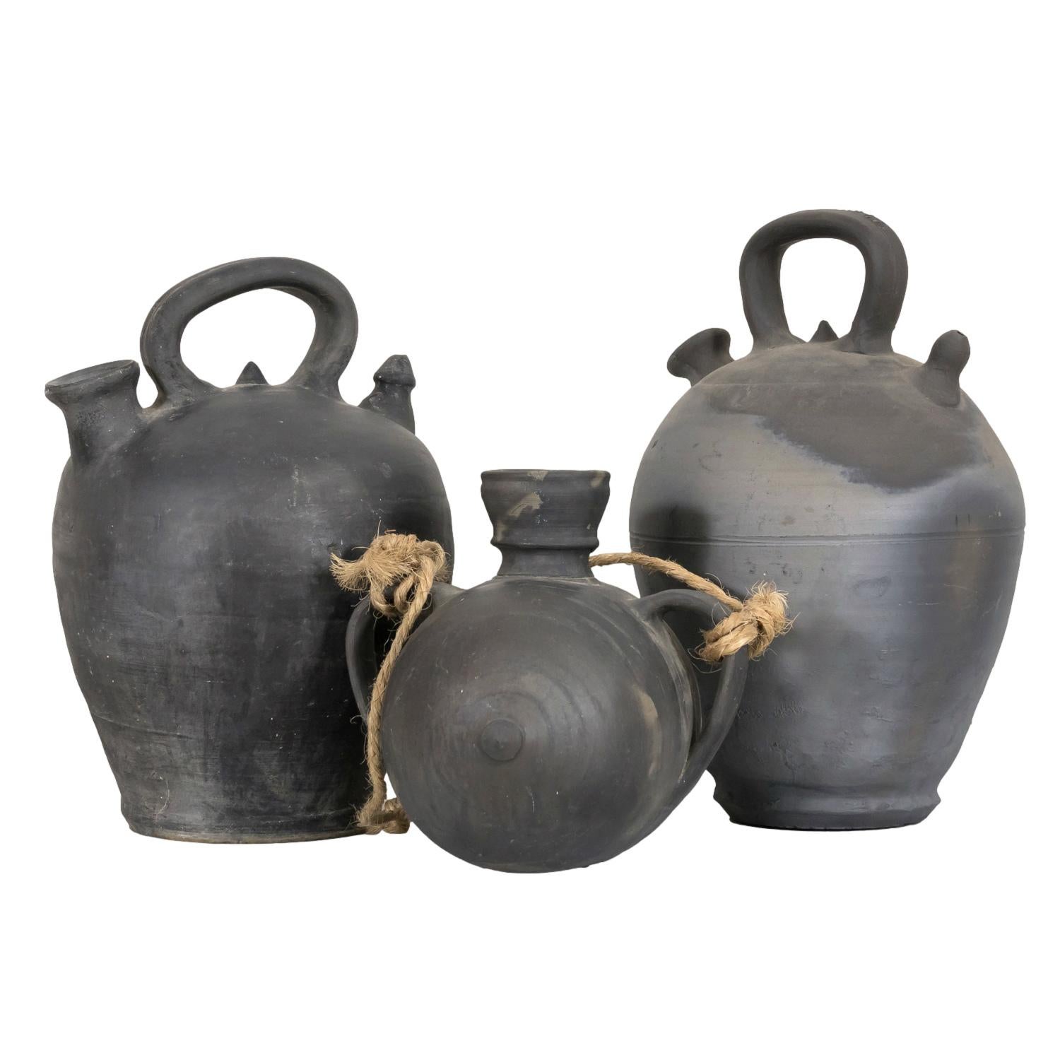 19th Century Spanish Black Clay Tonel or Water Jug, Signed  5