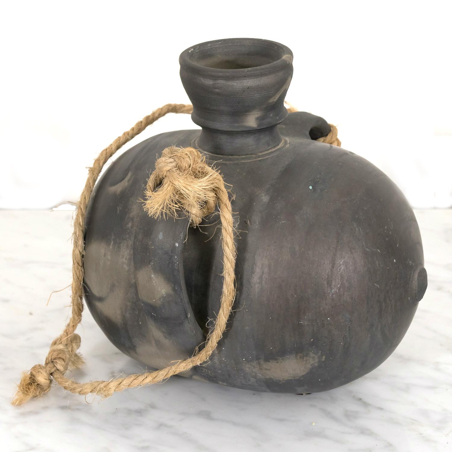 19th Century Spanish Black Clay Tonel or Water Jug, Signed  1