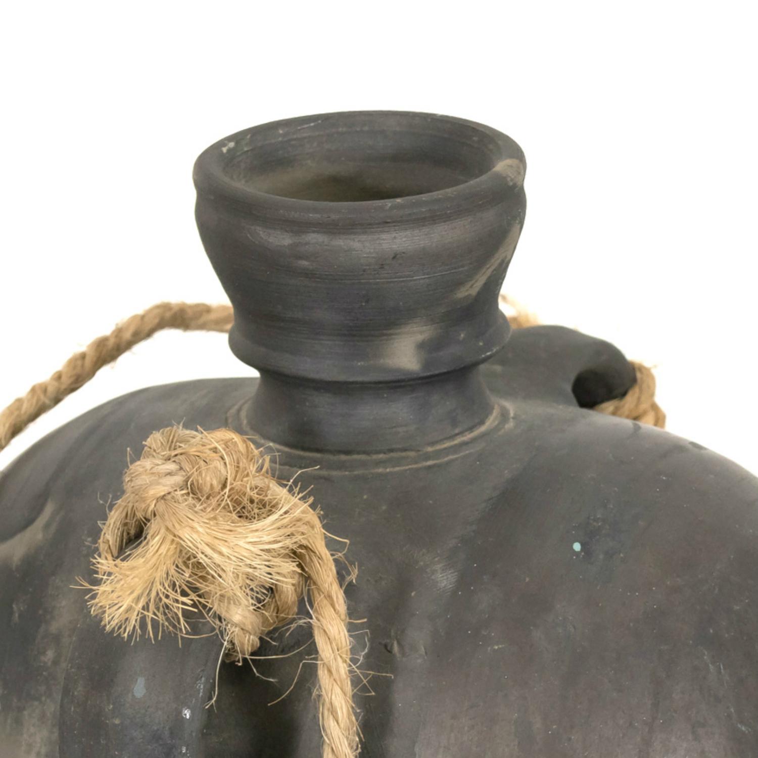 19th Century Spanish Black Clay Tonel or Water Jug, Signed  2