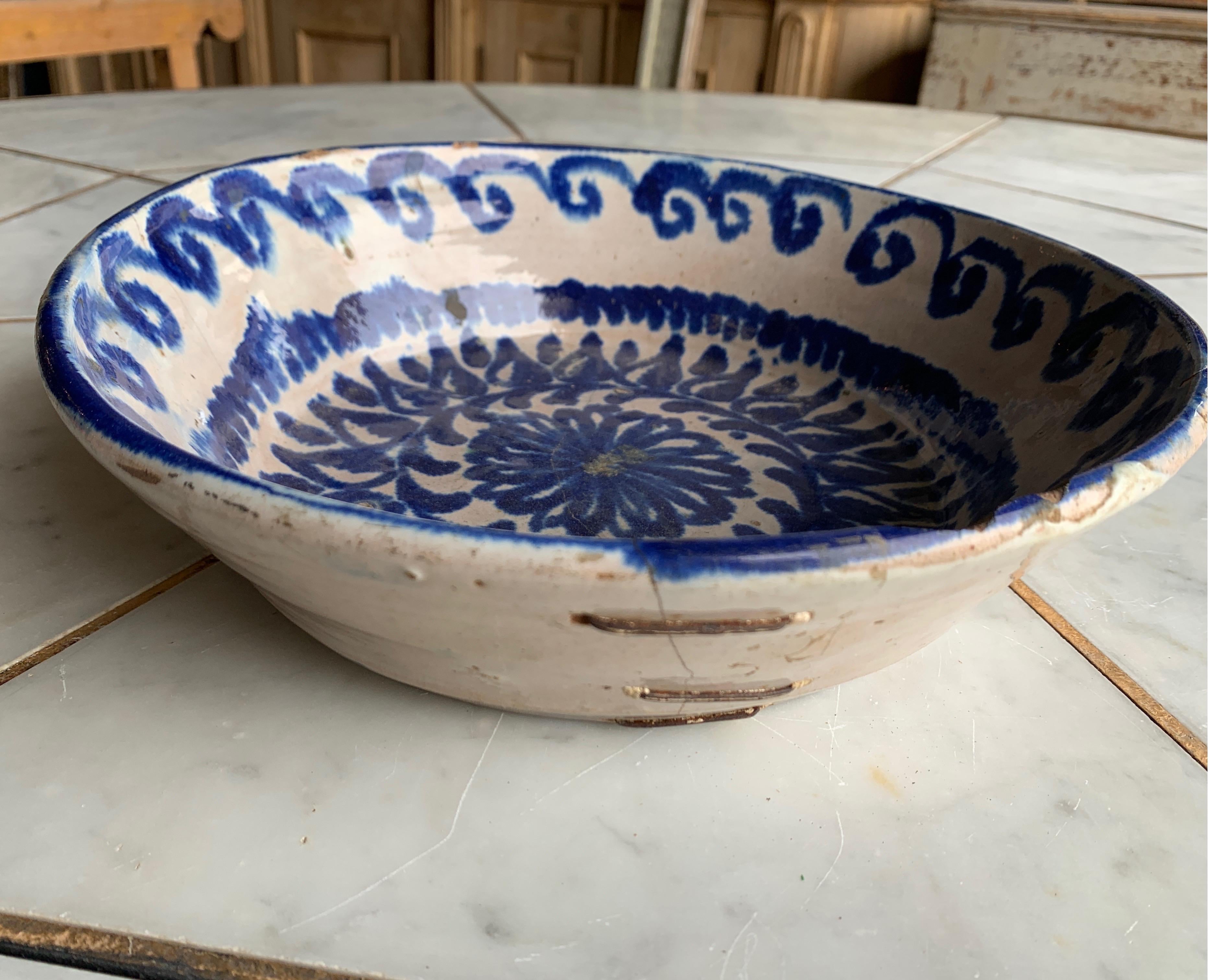 19th Century Spanish Blue and White Pattern Bowl with Original Staples 5