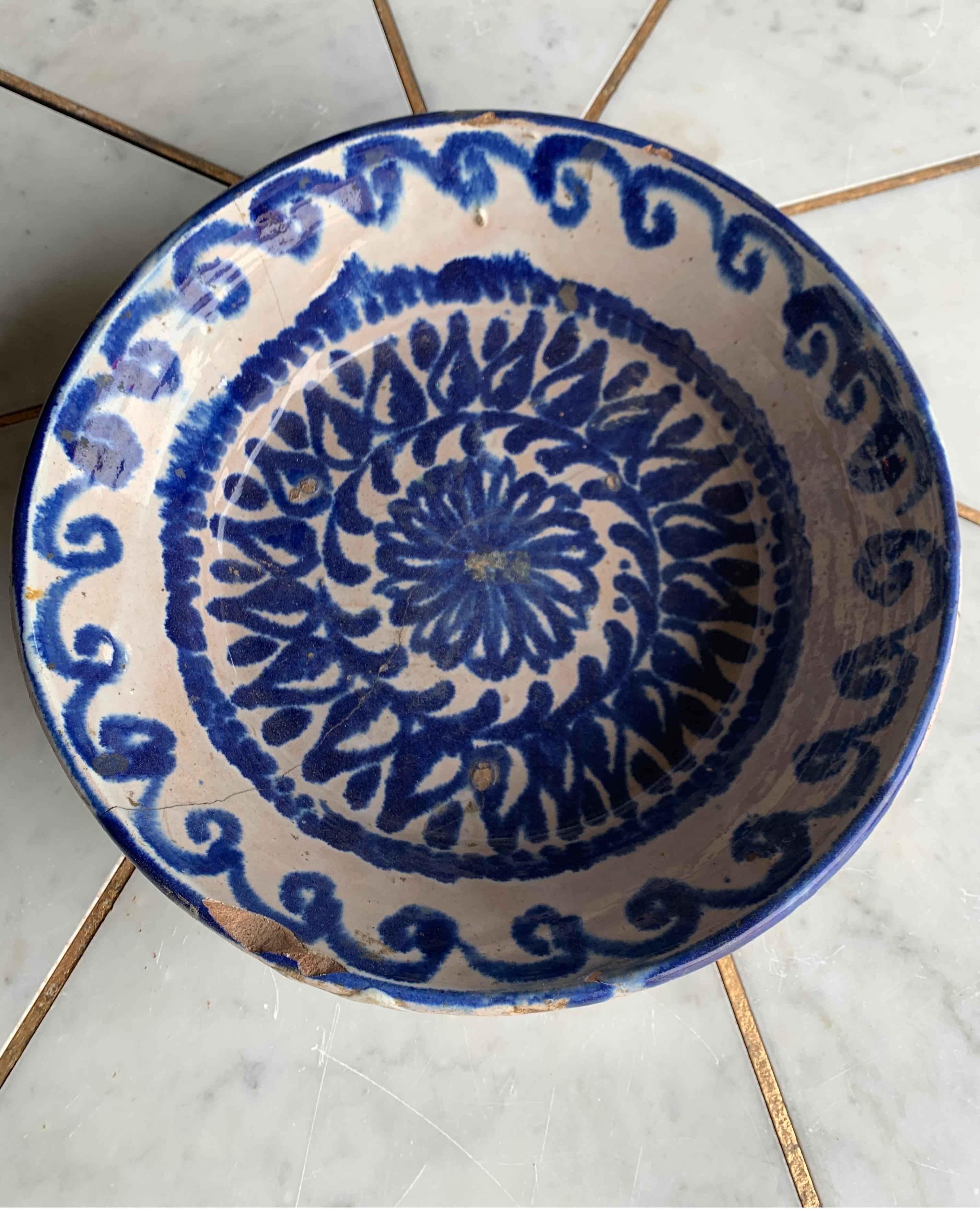 Fired 19th Century Spanish Blue and White Pattern Bowl with Original Staples