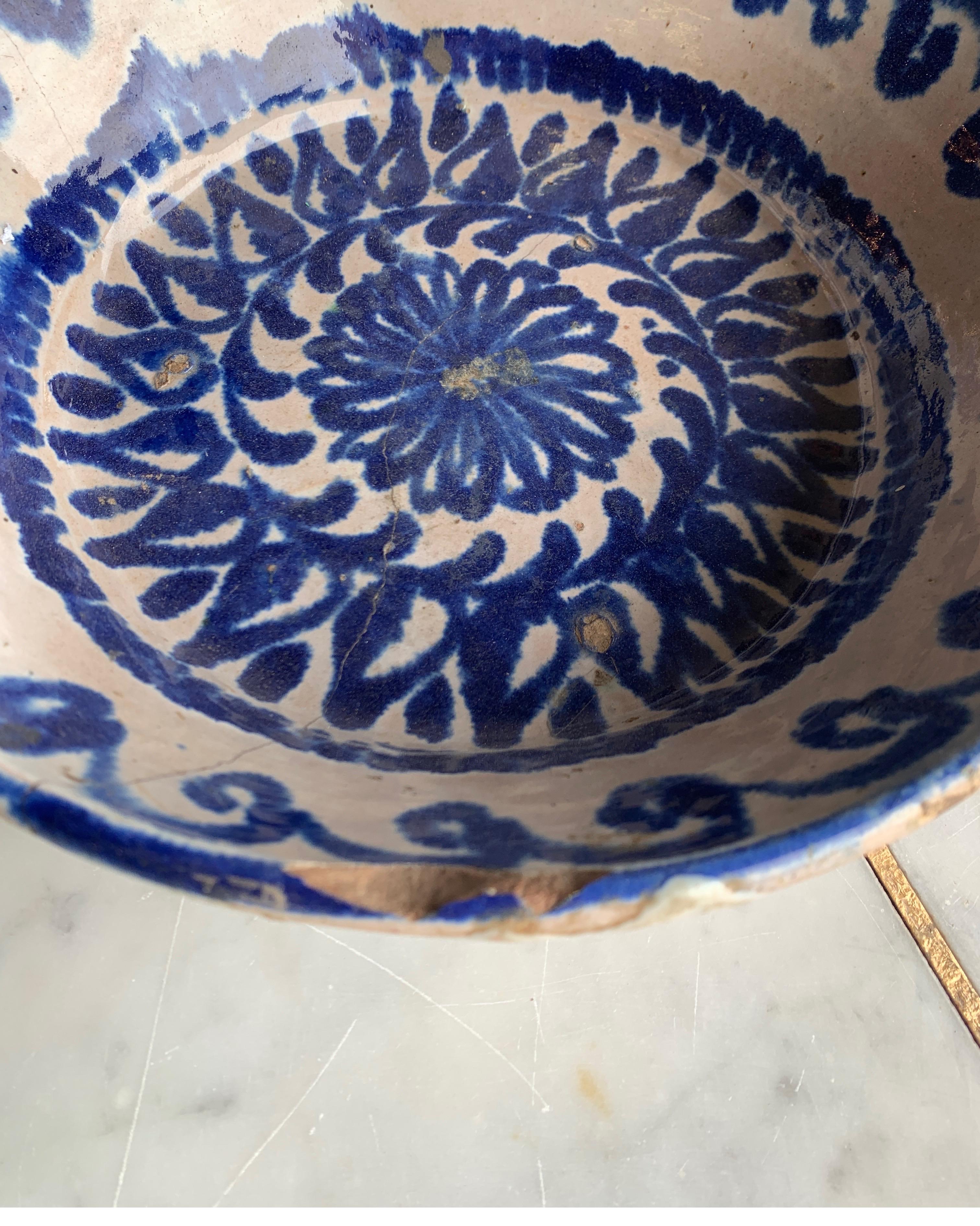 19th Century Spanish Blue and White Pattern Bowl with Original Staples In Fair Condition In Houston, TX