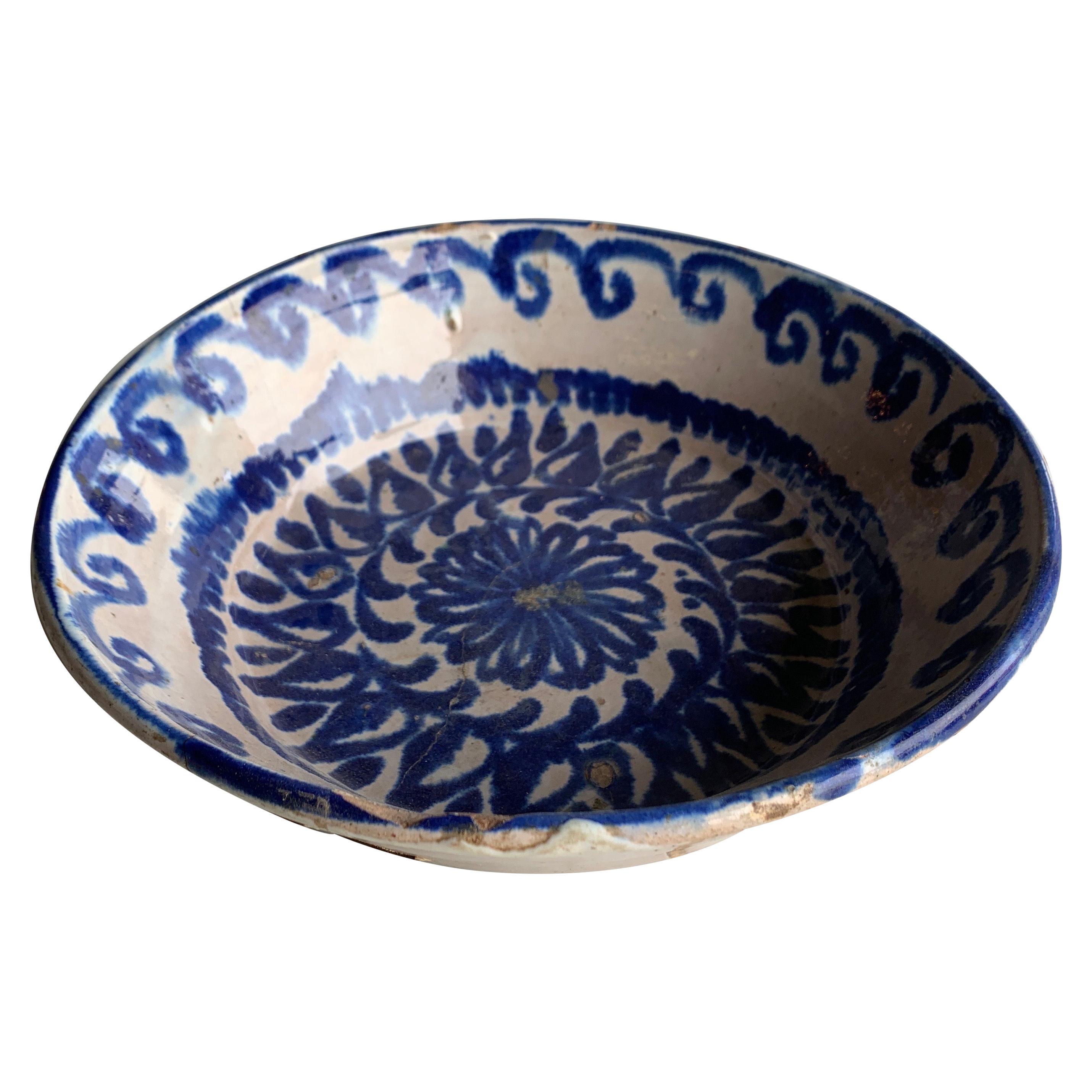 19th Century Spanish Blue and White Pattern Bowl with Original Staples