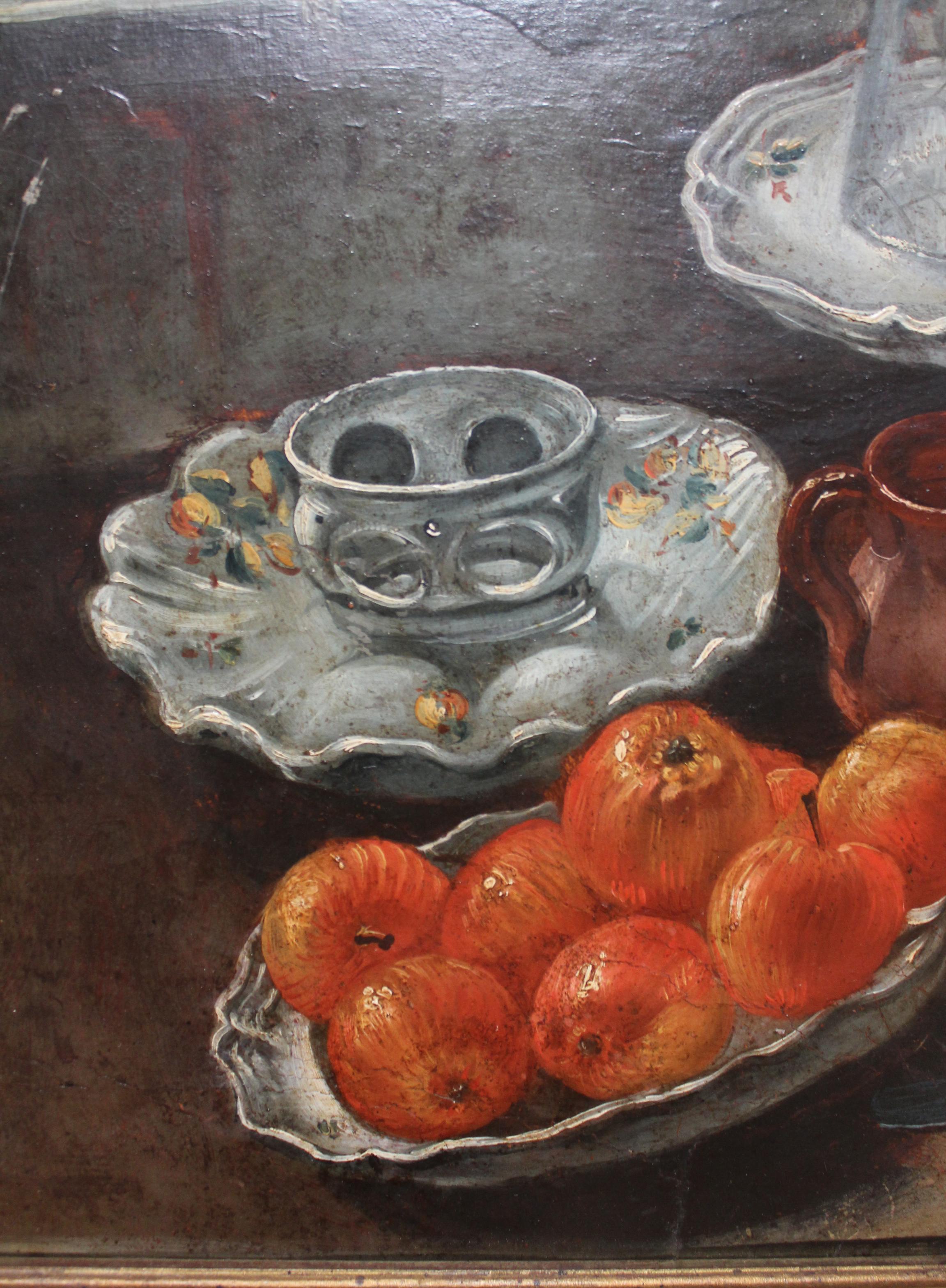 Hand-Painted 19th Century Spanish Bodegon with Alcora Ceramic Still Life Oil on Carton