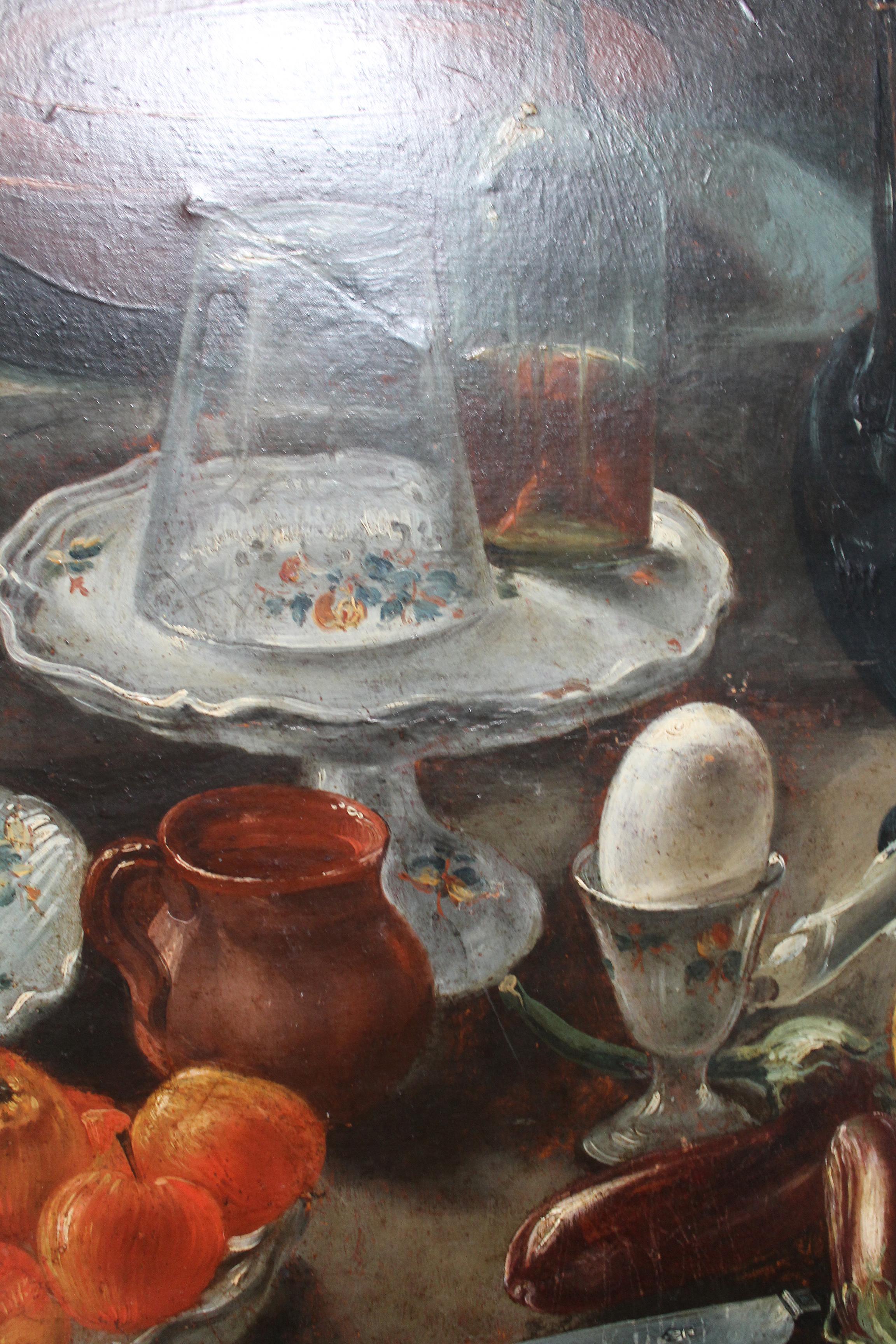 Wood 19th Century Spanish Bodegon with Alcora Ceramic Still Life Oil on Carton