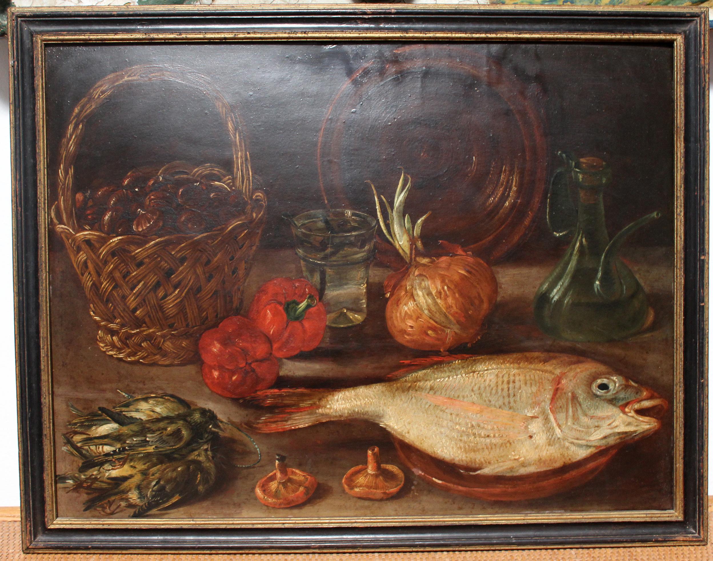 19th Century Spanish framed bodegon with fish and alcora ceramic still life oil on carton. 

Dimensions with frame: 64.5 x 50 x 2 cm.