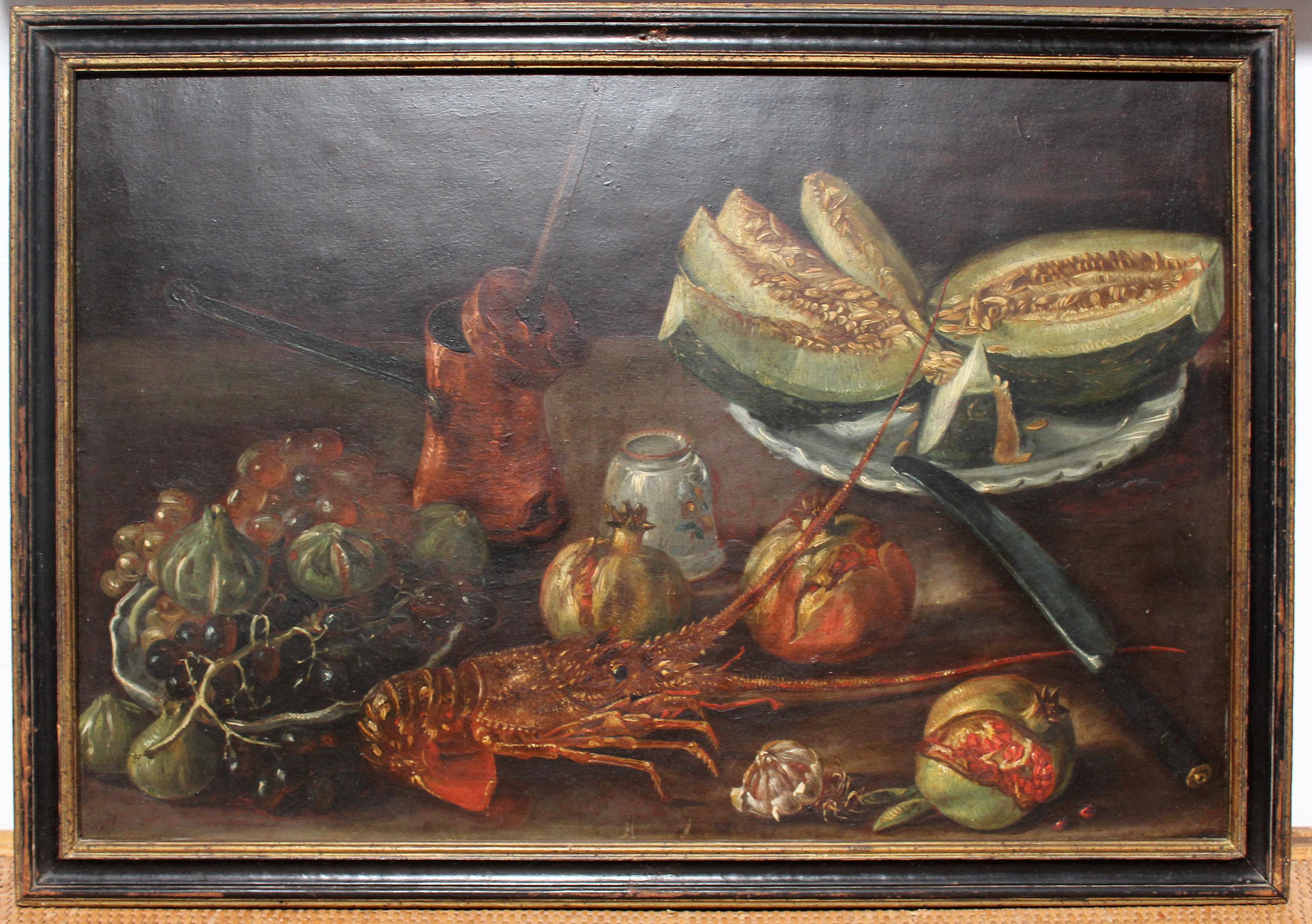 19th century Spanish framed bodegon with lobster and Melon still life oil on carton. 

Dimensions with frame: 65 x 46 x 2 cm.