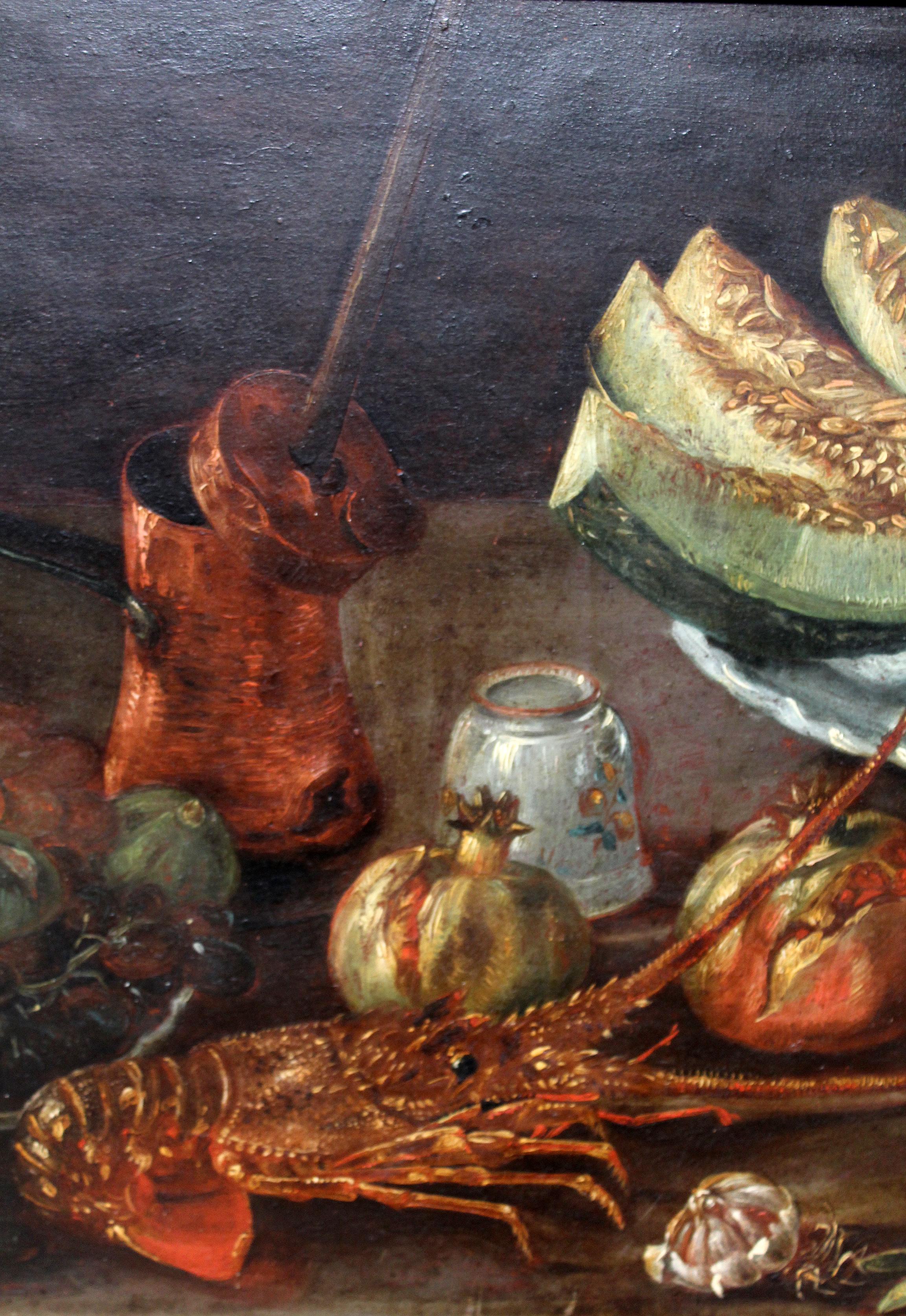 Hand-Painted 19th Century Spanish Bodegon with Lobster and Melon Still Life Oil on Carton